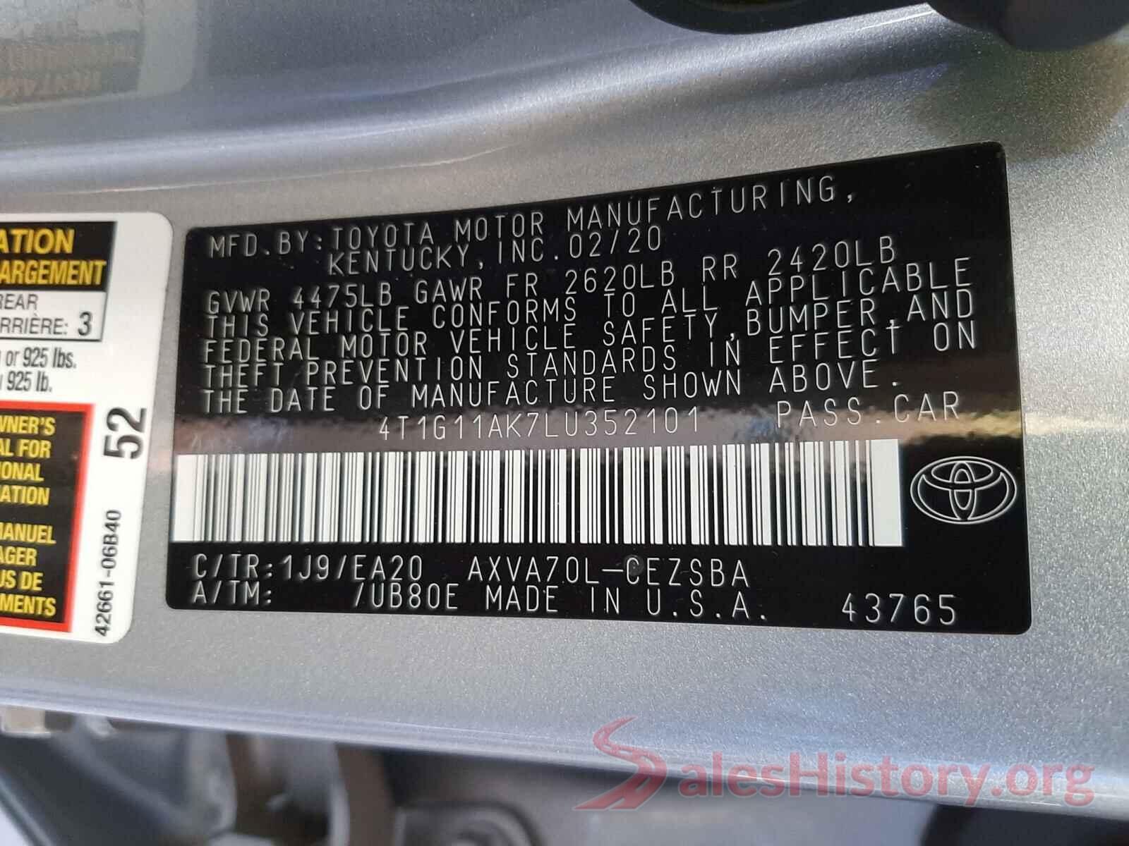 4T1G11AK7LU352101 2020 TOYOTA CAMRY