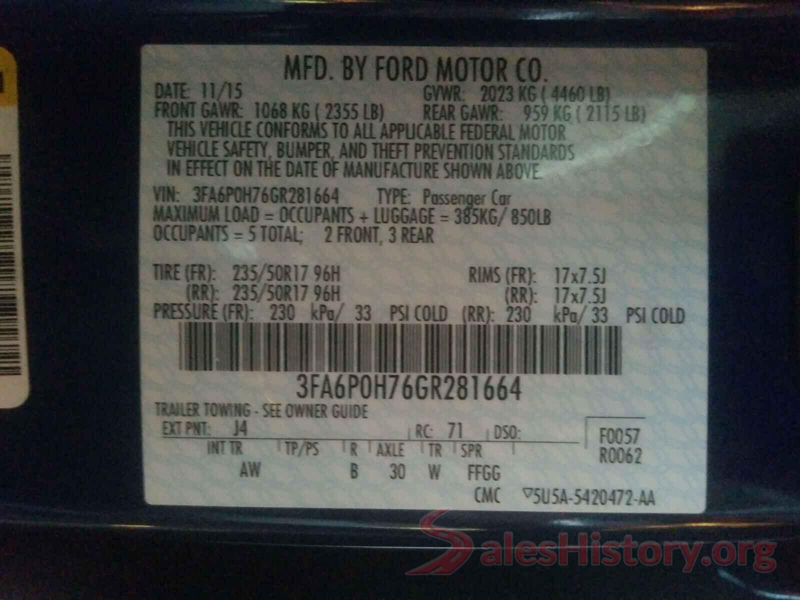 3FA6P0H76GR281664 2016 FORD FUSION