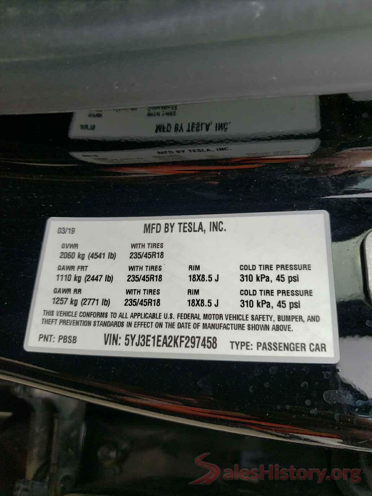 5YJ3E1EA2KF297458 2019 TESLA MODEL 3