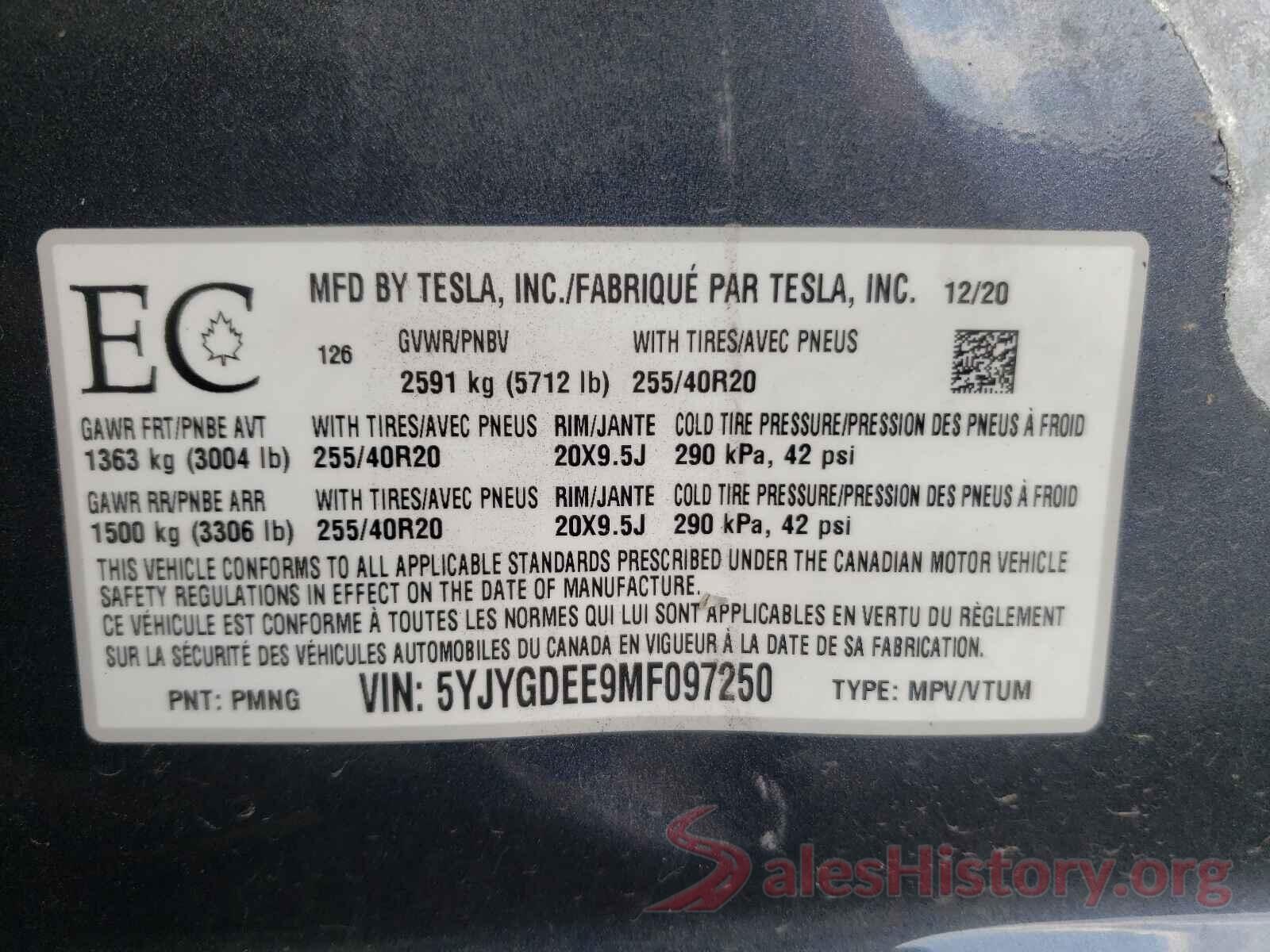 5YJYGDEE9MF097250 2021 TESLA MODEL Y