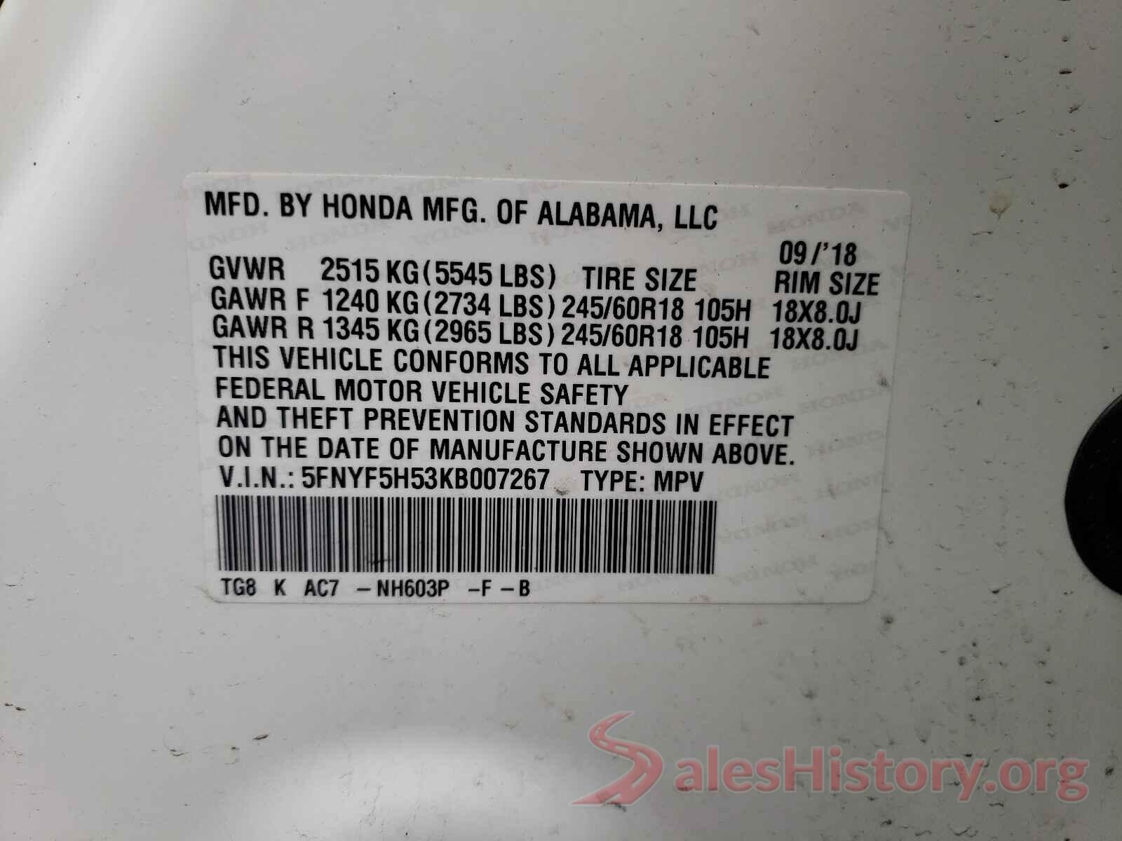 5FNYF5H53KB007267 2019 HONDA PILOT