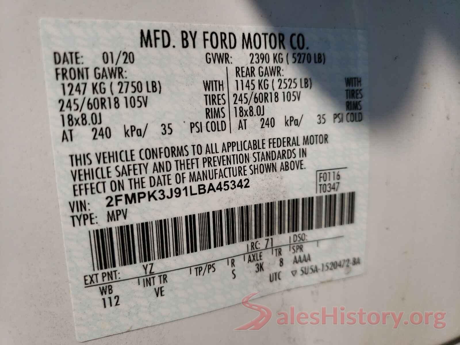 2FMPK3J91LBA45342 2020 FORD EDGE