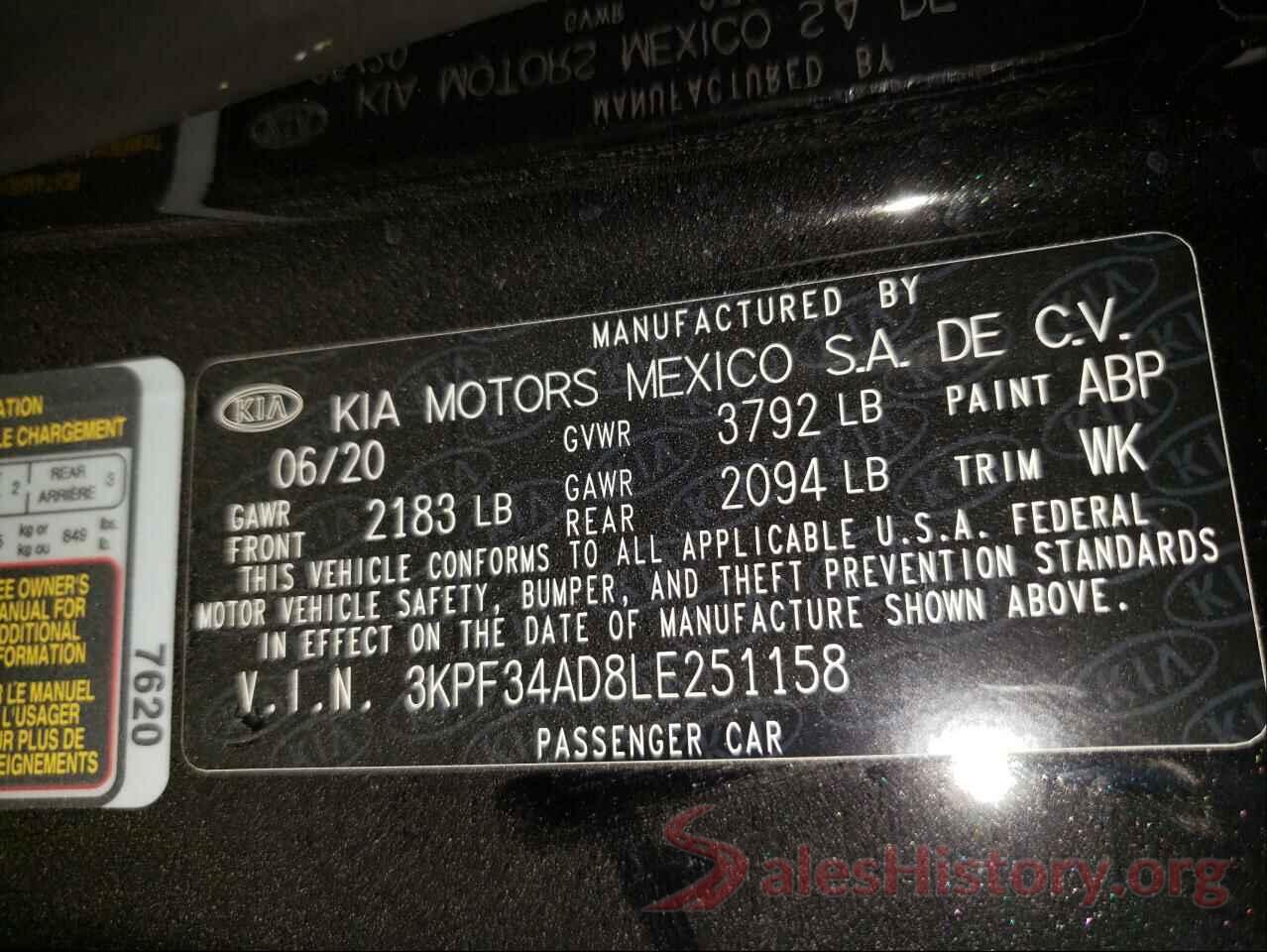 3KPF34AD8LE251158 2020 KIA FORTE