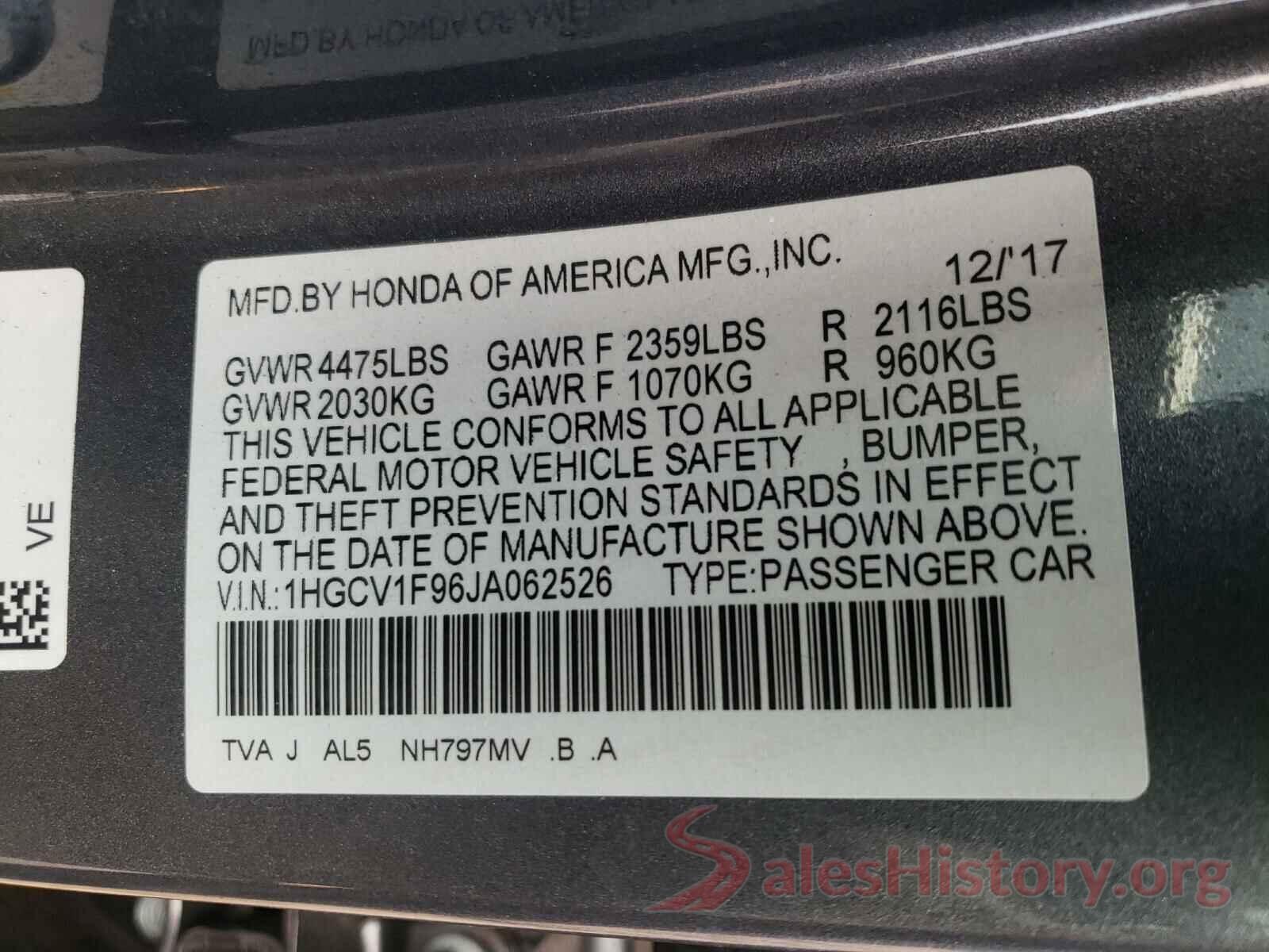 1HGCV1F96JA062526 2018 HONDA ACCORD