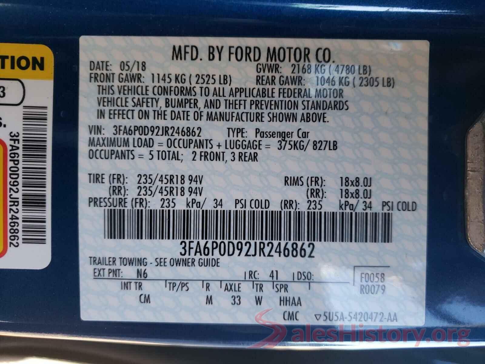 3FA6P0D92JR246862 2018 FORD FUSION