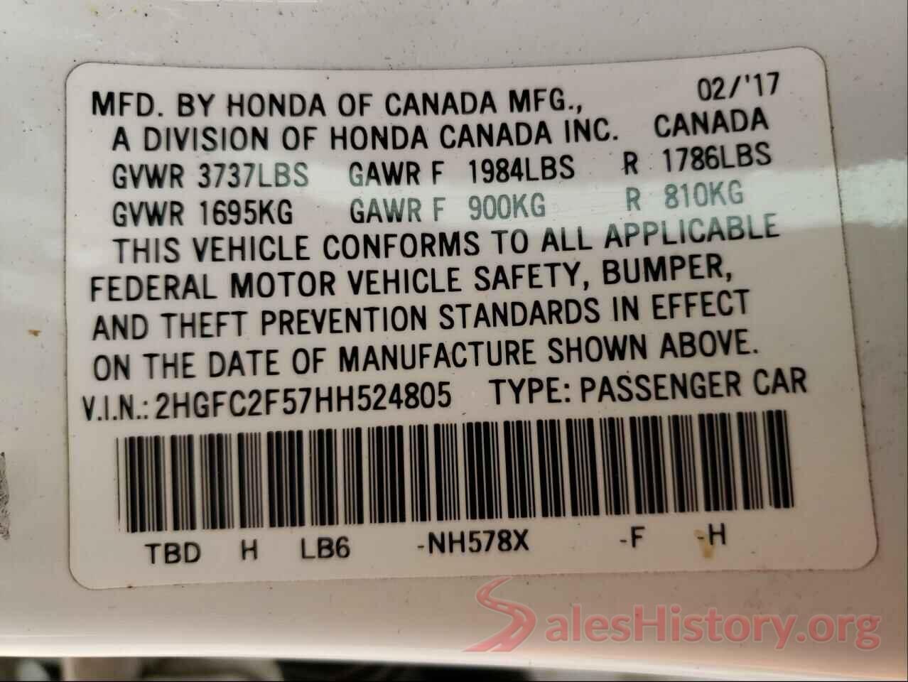 2HGFC2F57HH524805 2017 HONDA CIVIC