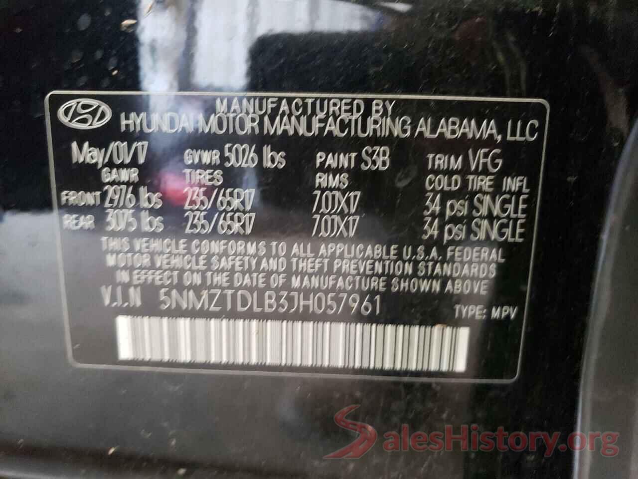 5NMZTDLB3JH057961 2018 HYUNDAI SANTA FE