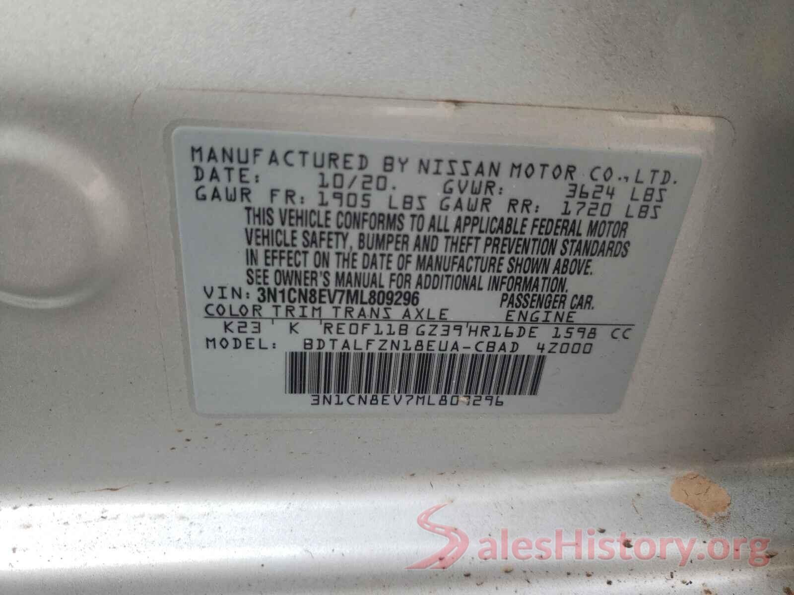 3N1CN8EV7ML809296 2021 NISSAN VERSA