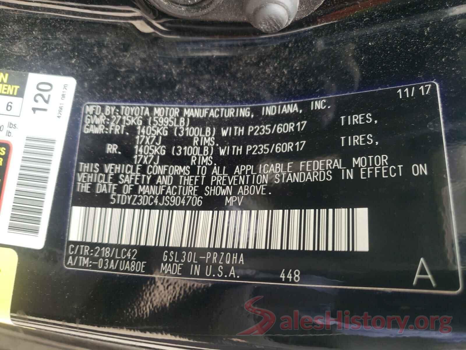 5TDYZ3DC4JS904706 2018 TOYOTA SIENNA