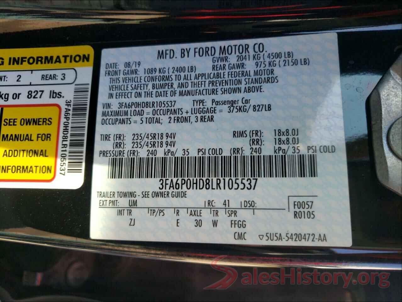 3FA6P0HD8LR105537 2020 FORD FUSION