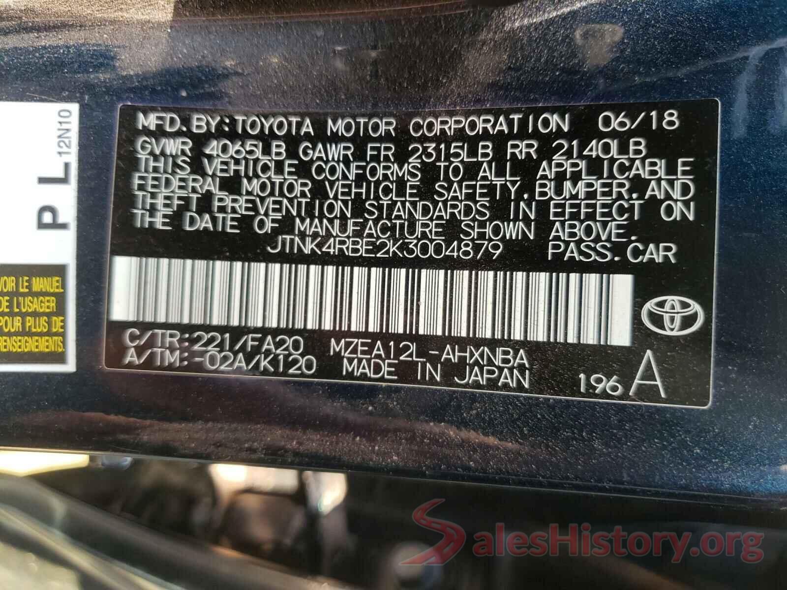 JTNK4RBE2K3004879 2019 TOYOTA COROLLA