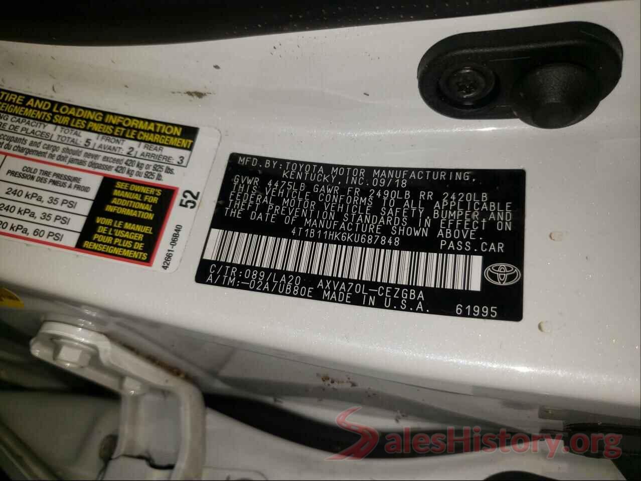 4T1B11HK6KU687848 2019 TOYOTA CAMRY