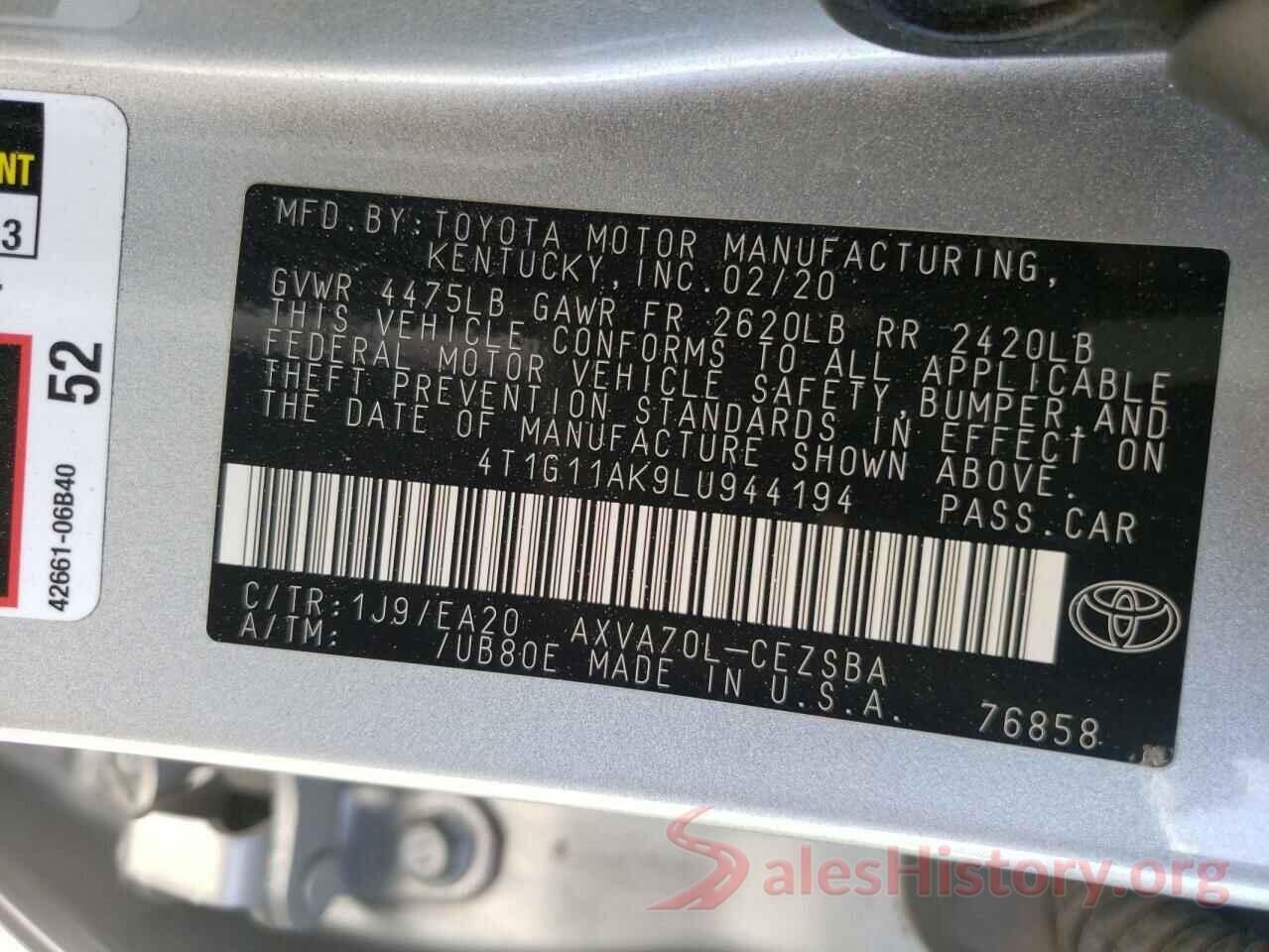 4T1G11AK9LU944194 2020 TOYOTA CAMRY