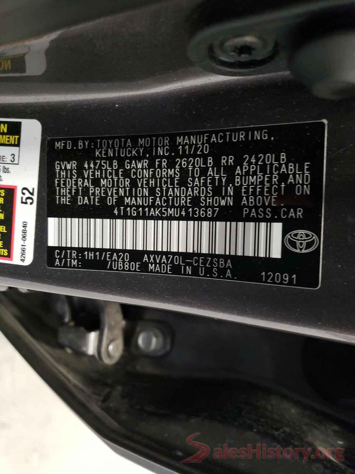 4T1G11AK5MU413687 2021 TOYOTA CAMRY