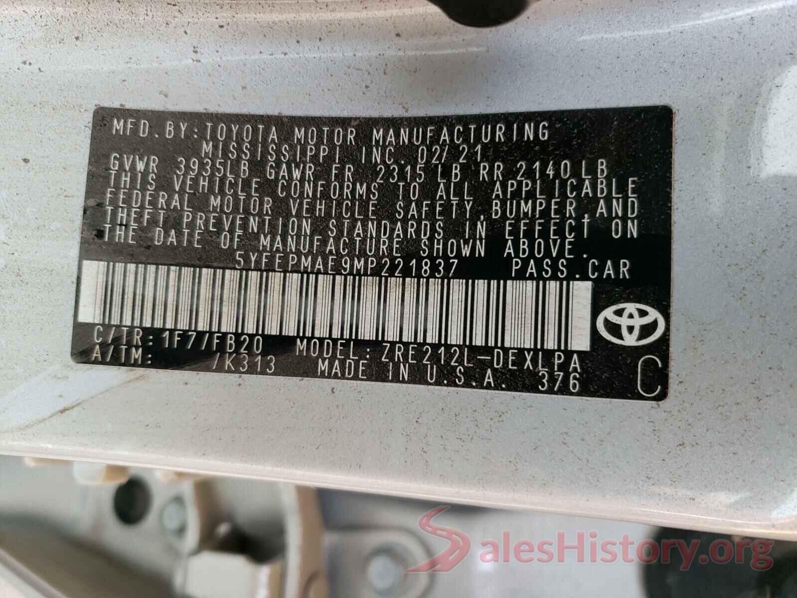 5YFEPMAE9MP221837 2021 TOYOTA COROLLA