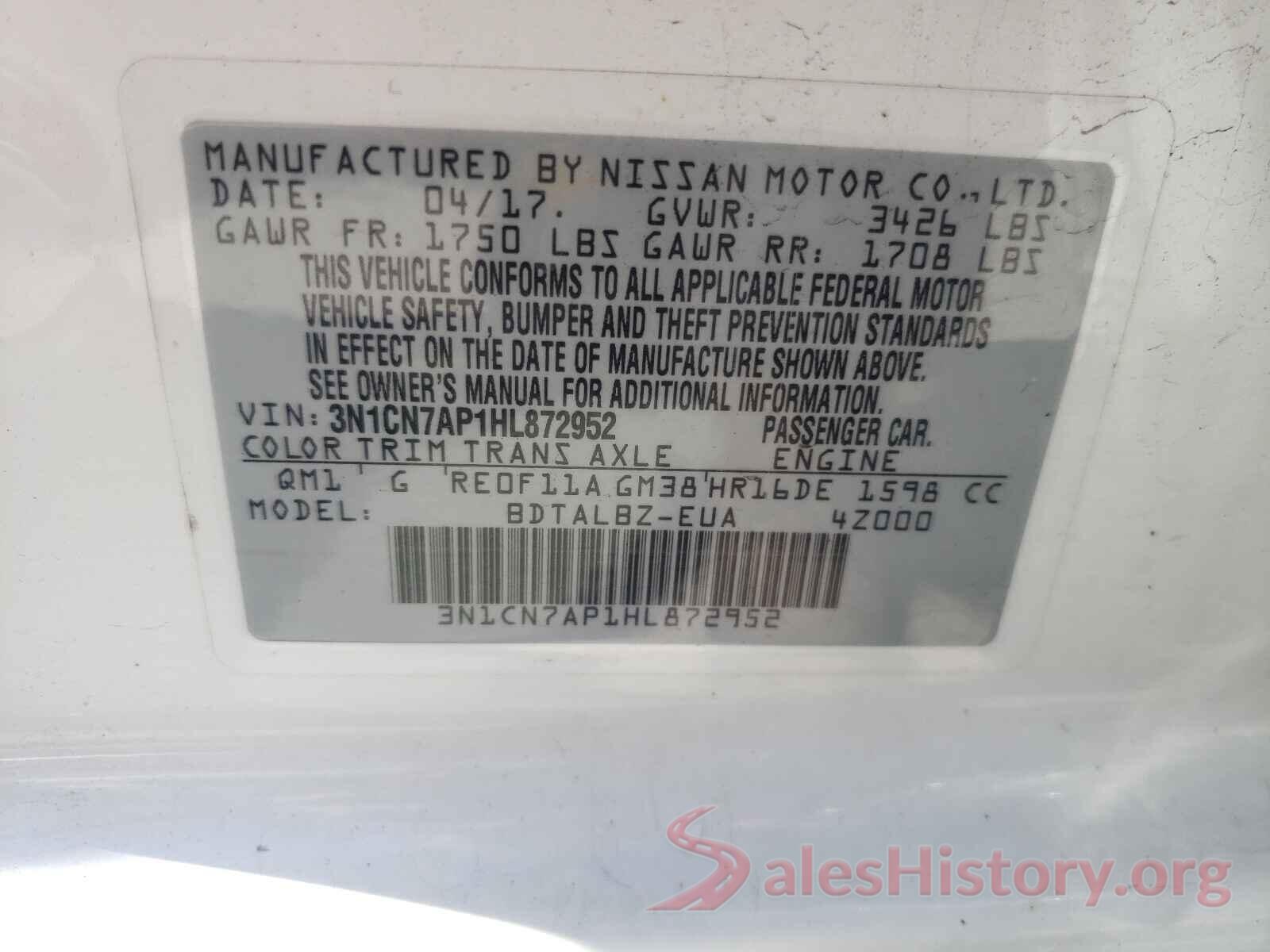 3N1CN7AP1HL872952 2017 NISSAN VERSA