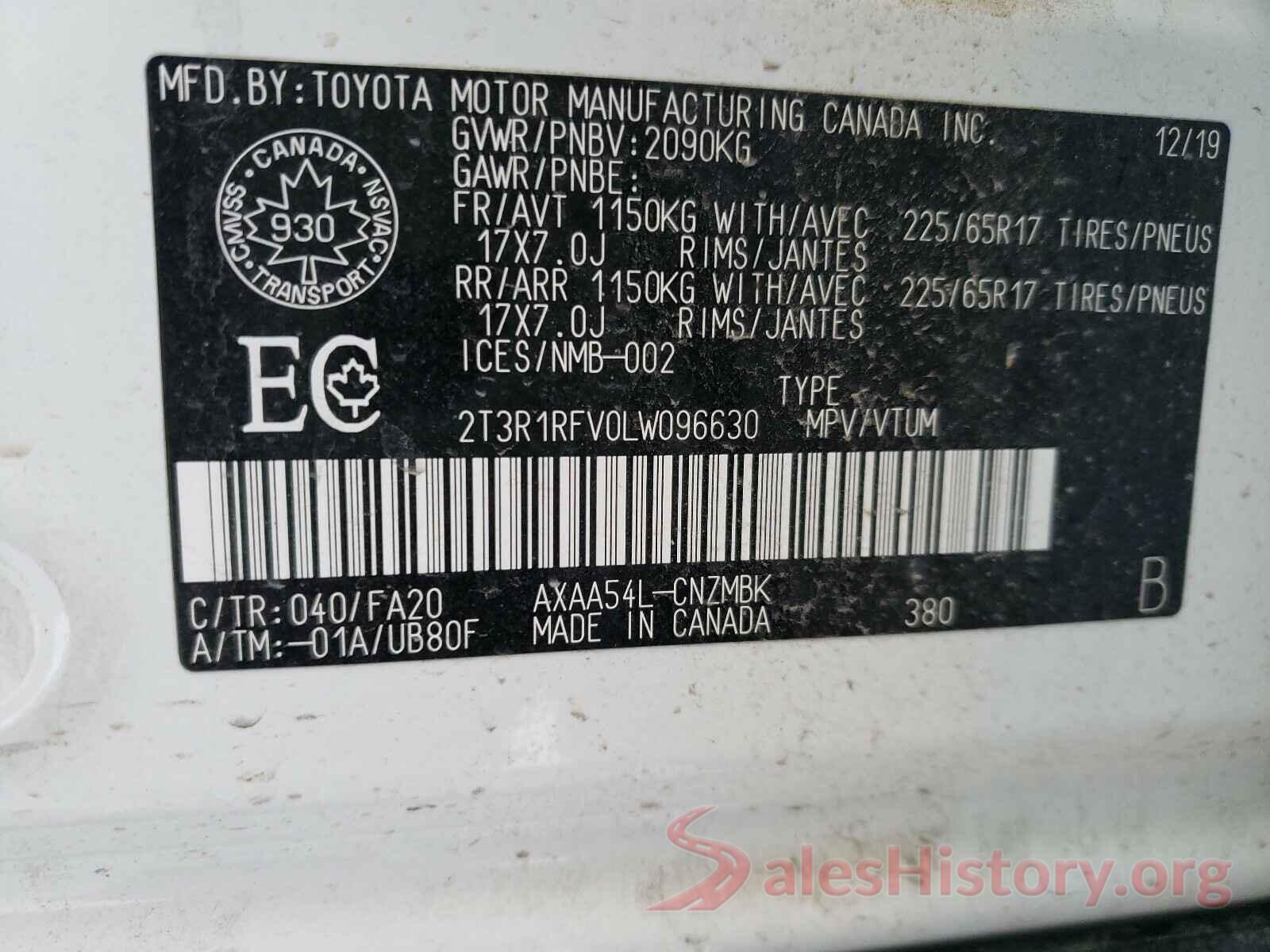 2T3R1RFV0LW096630 2020 TOYOTA RAV4