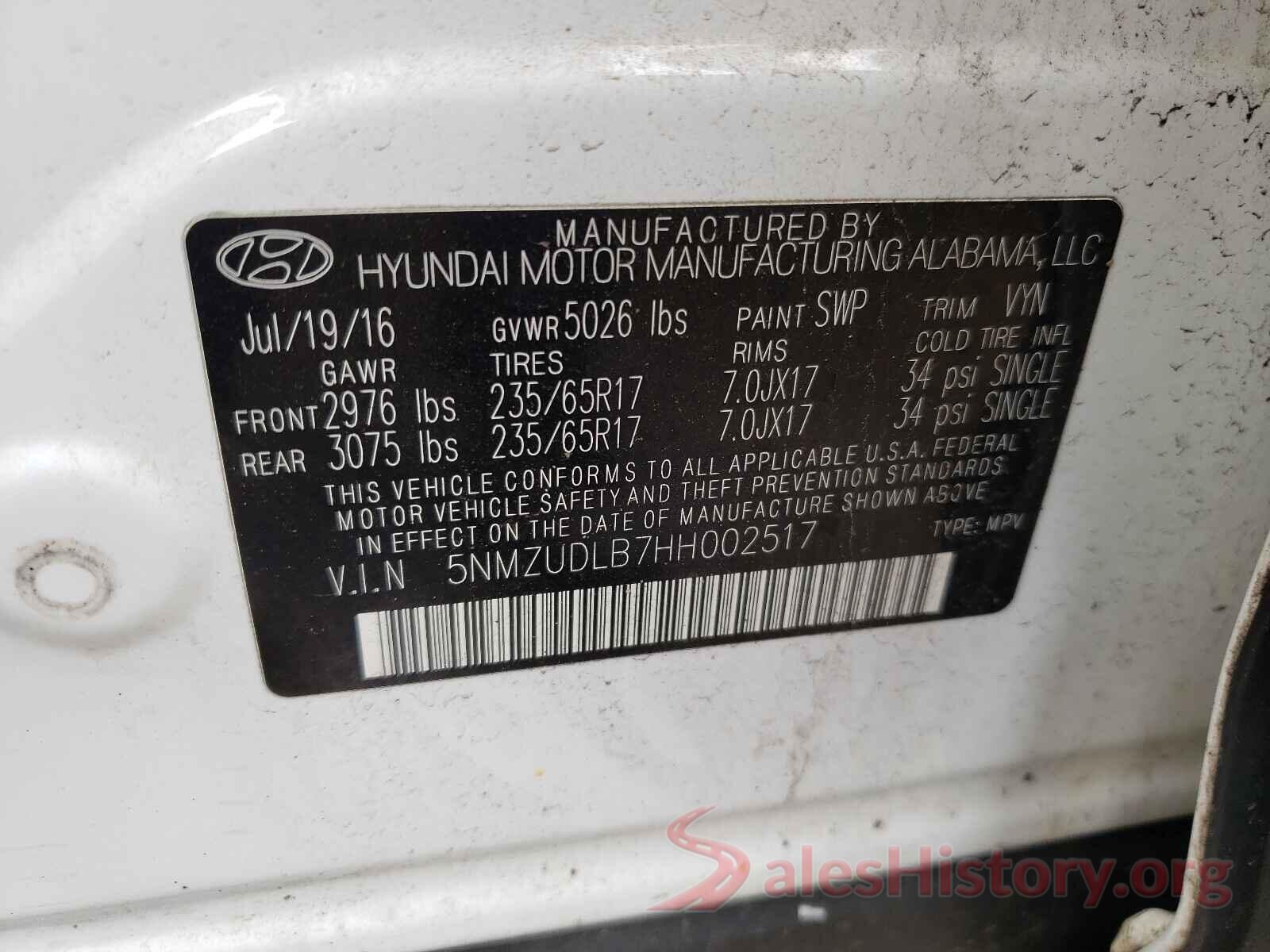 5NMZUDLB7HH002517 2017 HYUNDAI SANTA FE