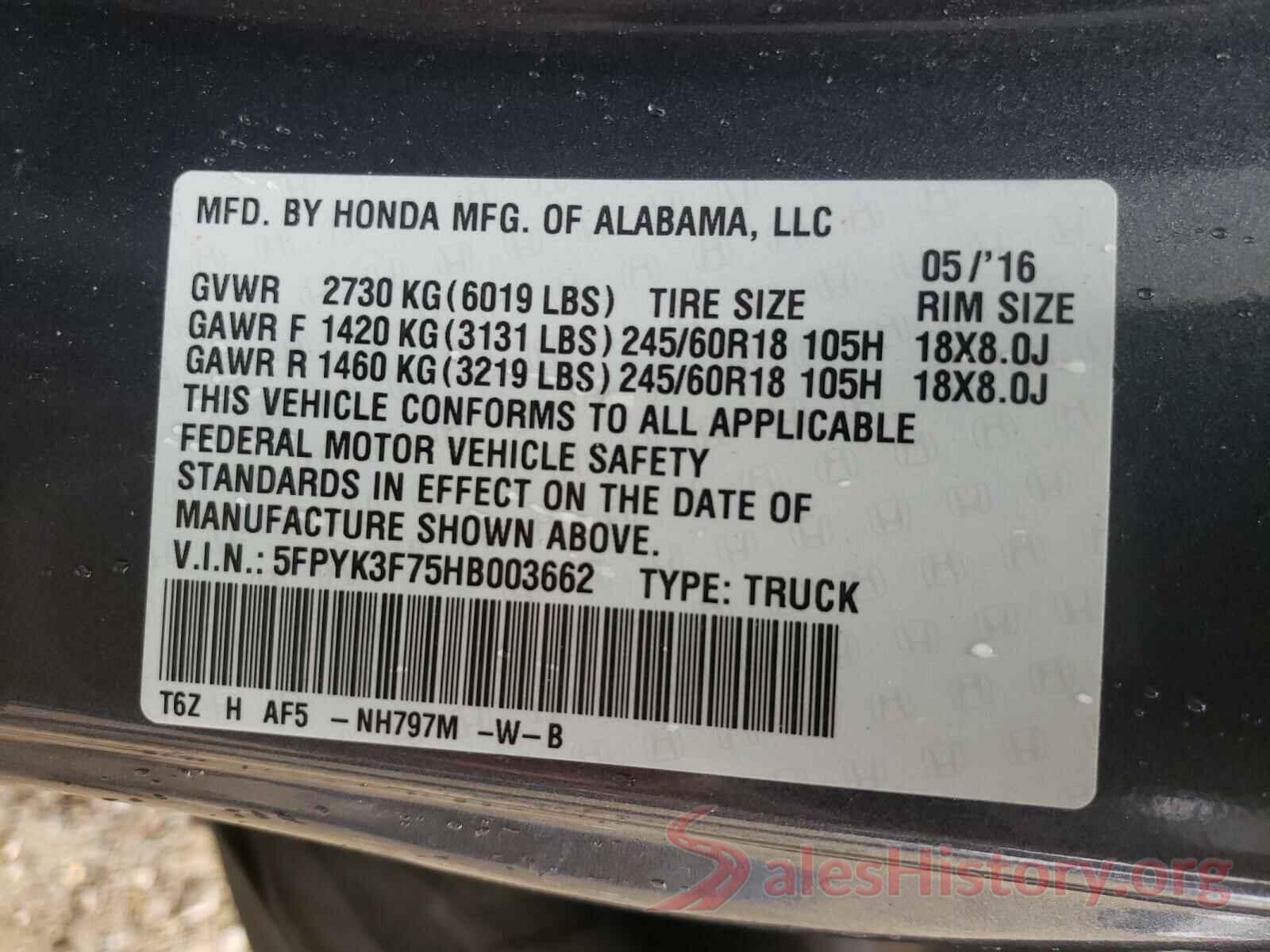 5FPYK3F75HB003662 2017 HONDA RIDGELINE