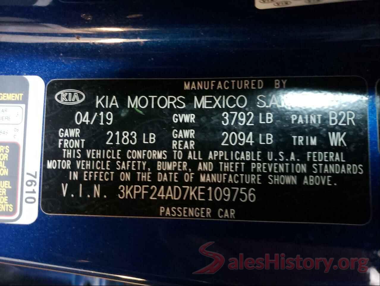 3KPF24AD7KE109756 2019 KIA FORTE