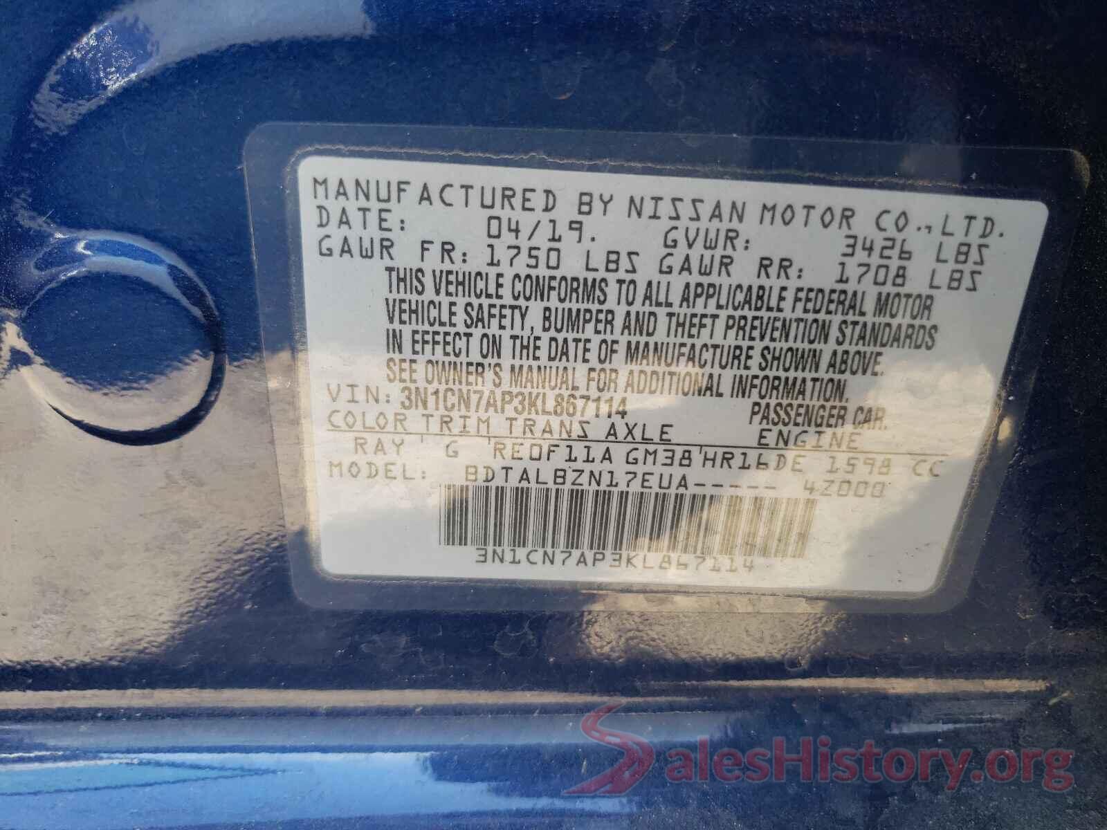 3N1CN7AP3KL867114 2019 NISSAN VERSA