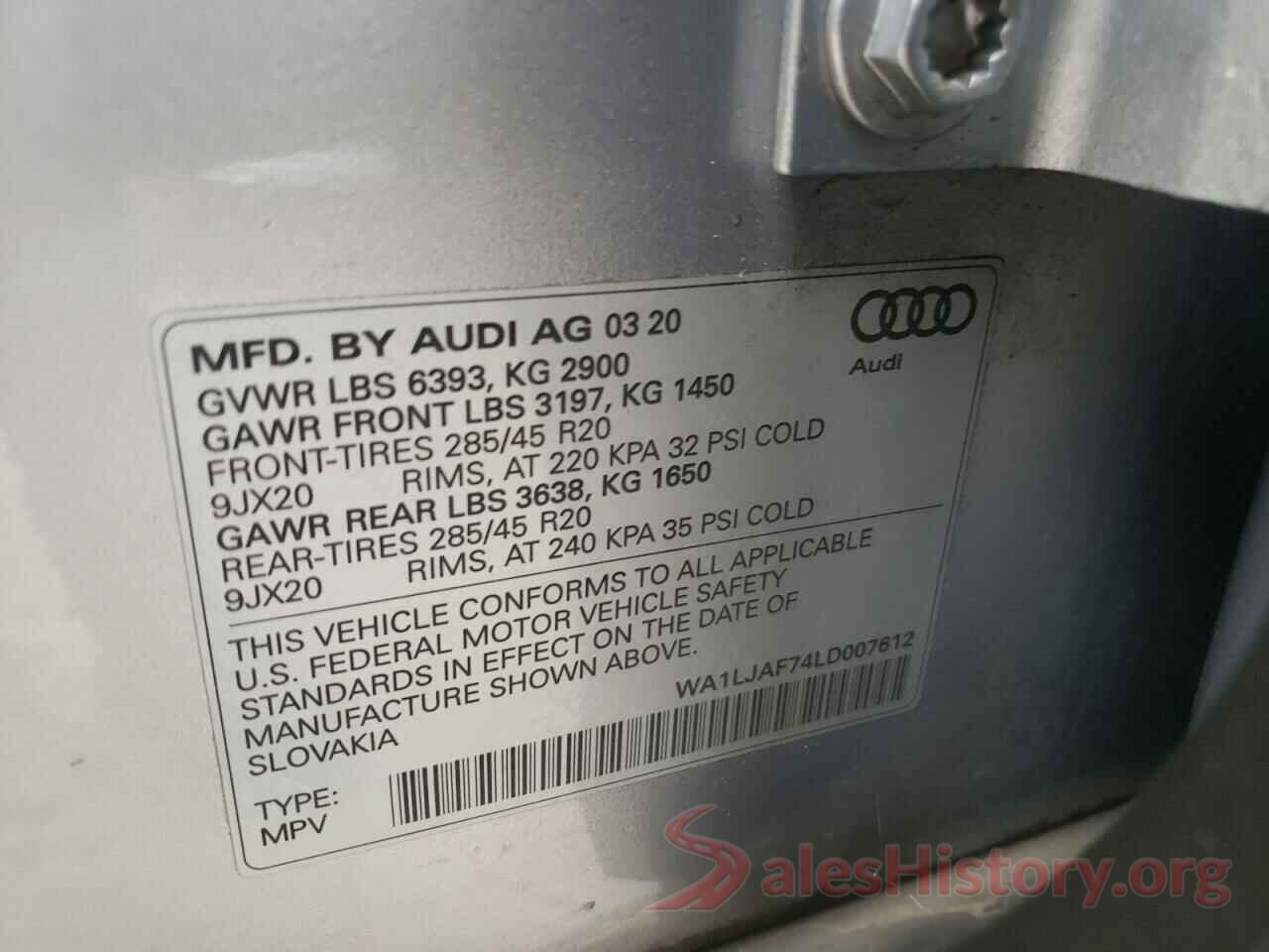 WA1LJAF74LD007612 2020 AUDI Q7