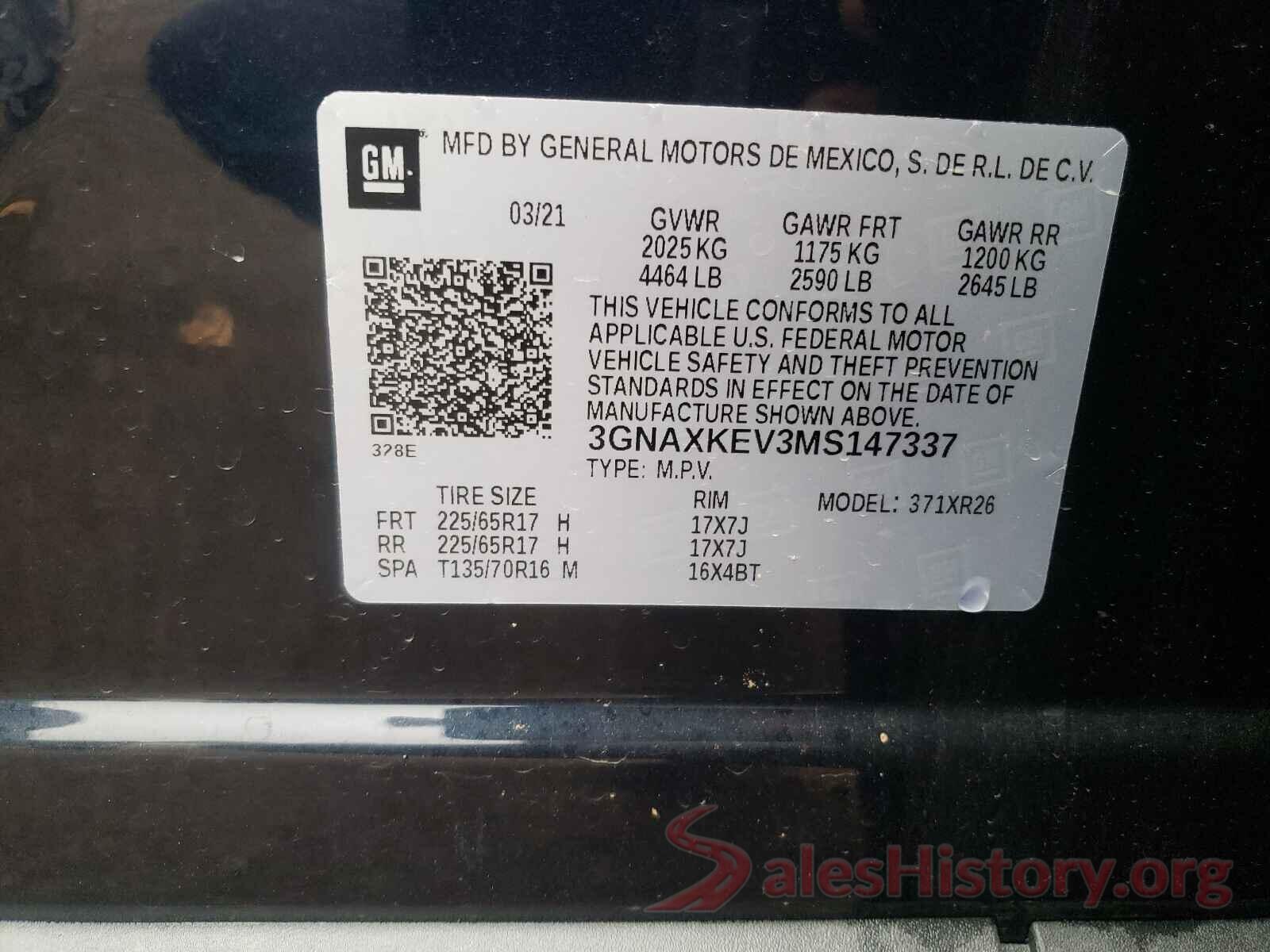 3GNAXKEV3MS147337 2021 CHEVROLET EQUINOX