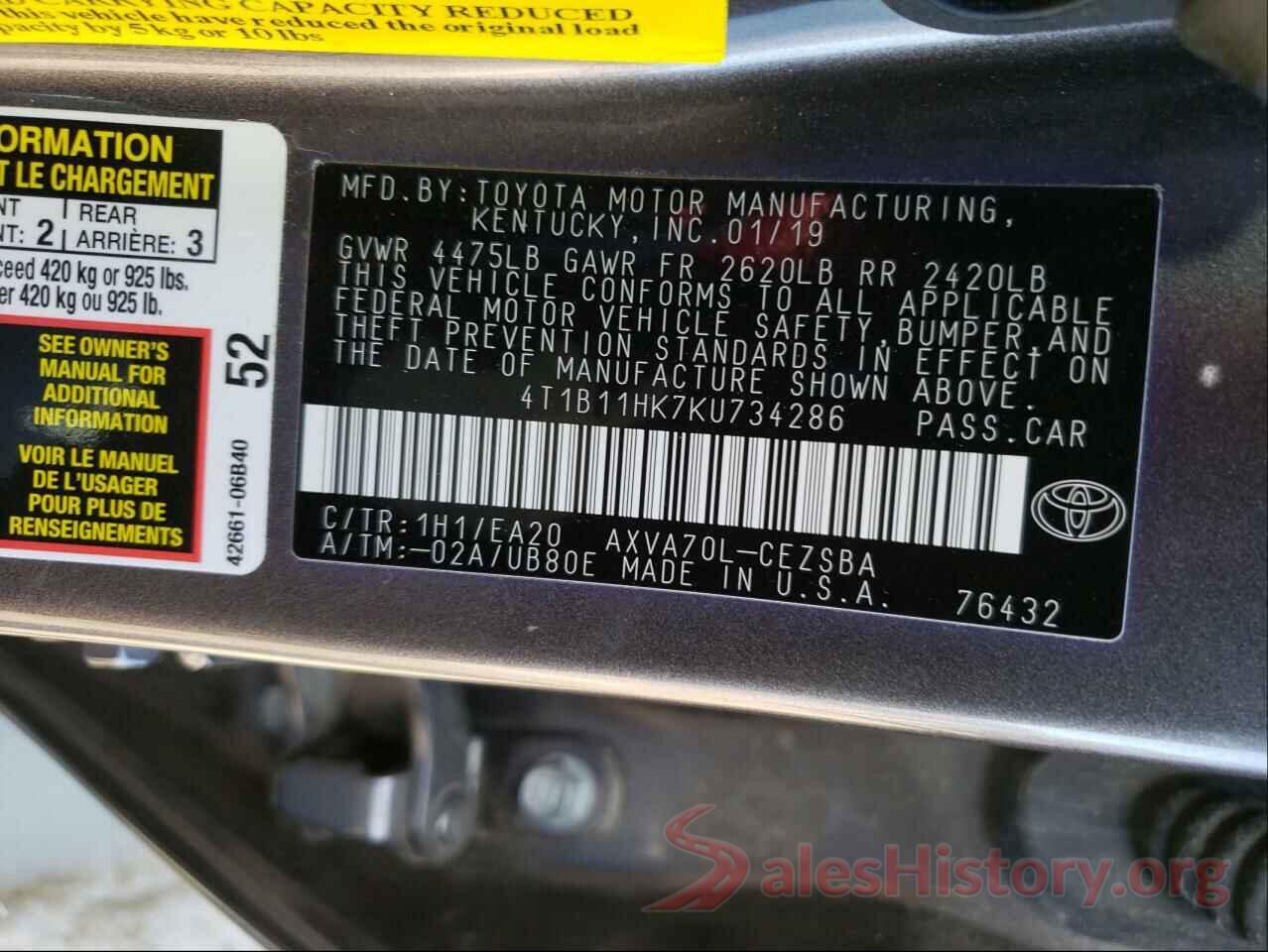 4T1B11HK7KU734286 2019 TOYOTA CAMRY