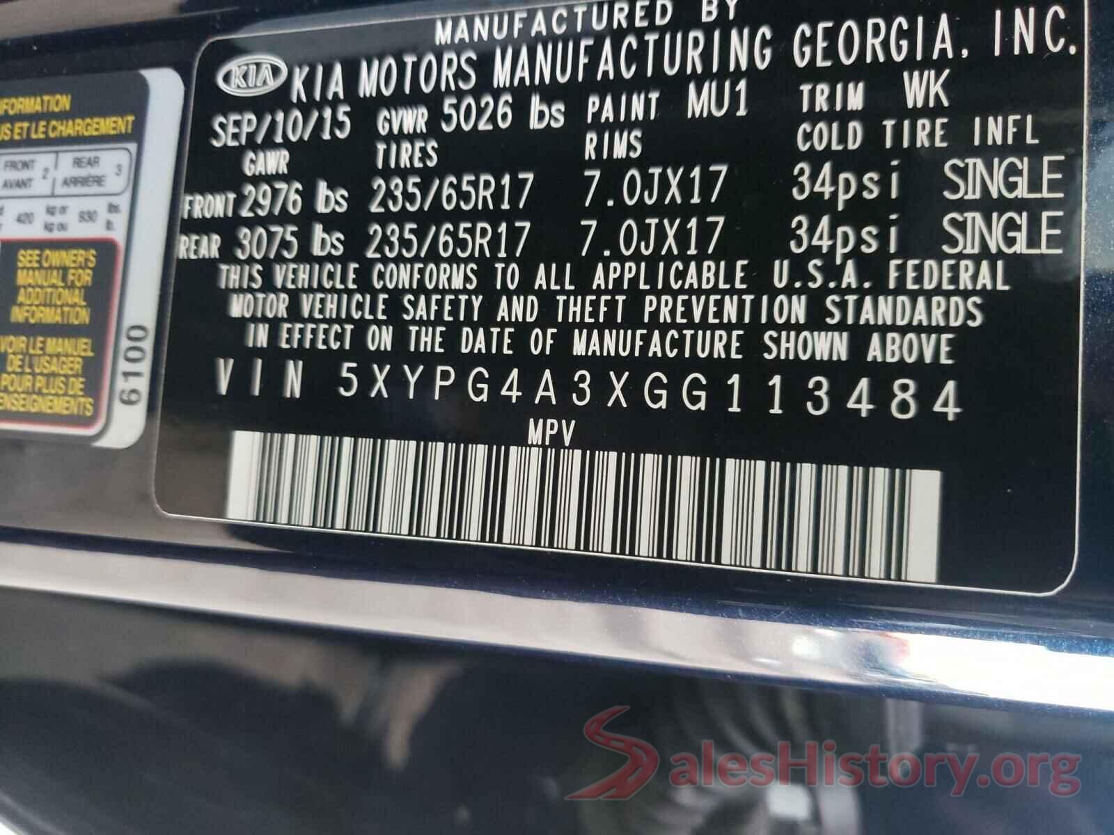 5XYPG4A3XGG113484 2016 KIA SORENTO