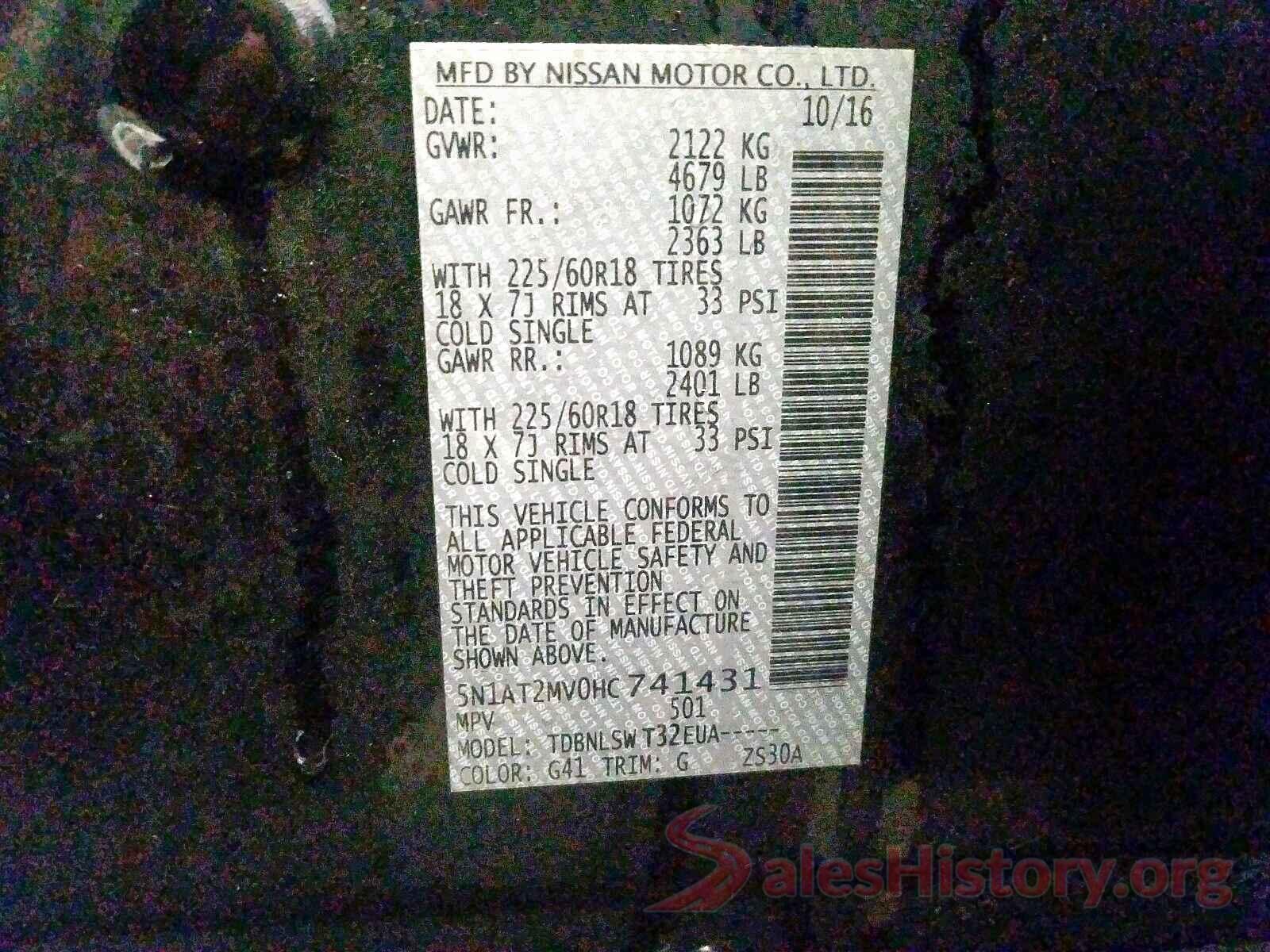 5N1AT2MV0HC741431 2017 NISSAN ROGUE SV