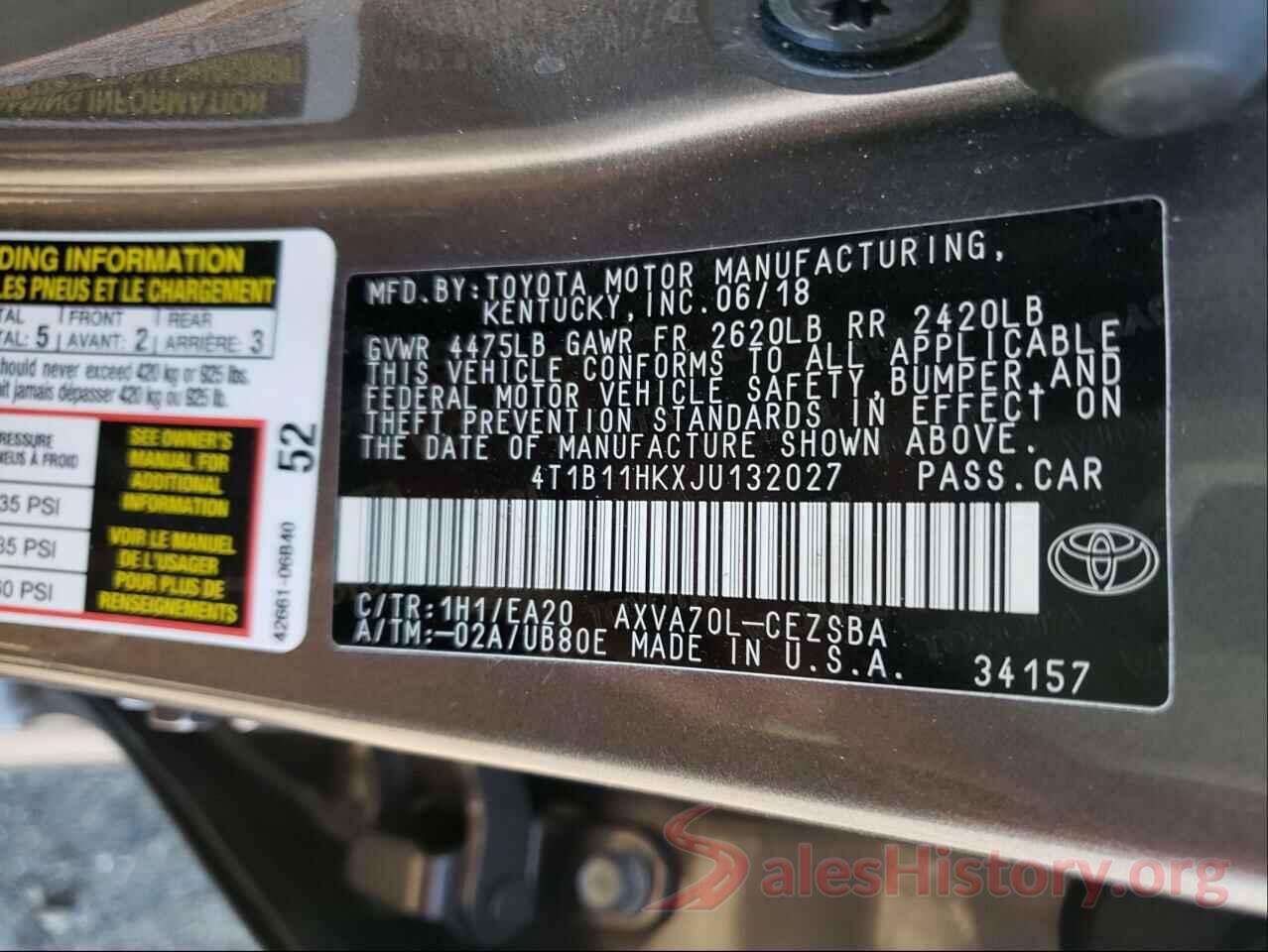 4T1B11HKXJU132027 2018 TOYOTA CAMRY