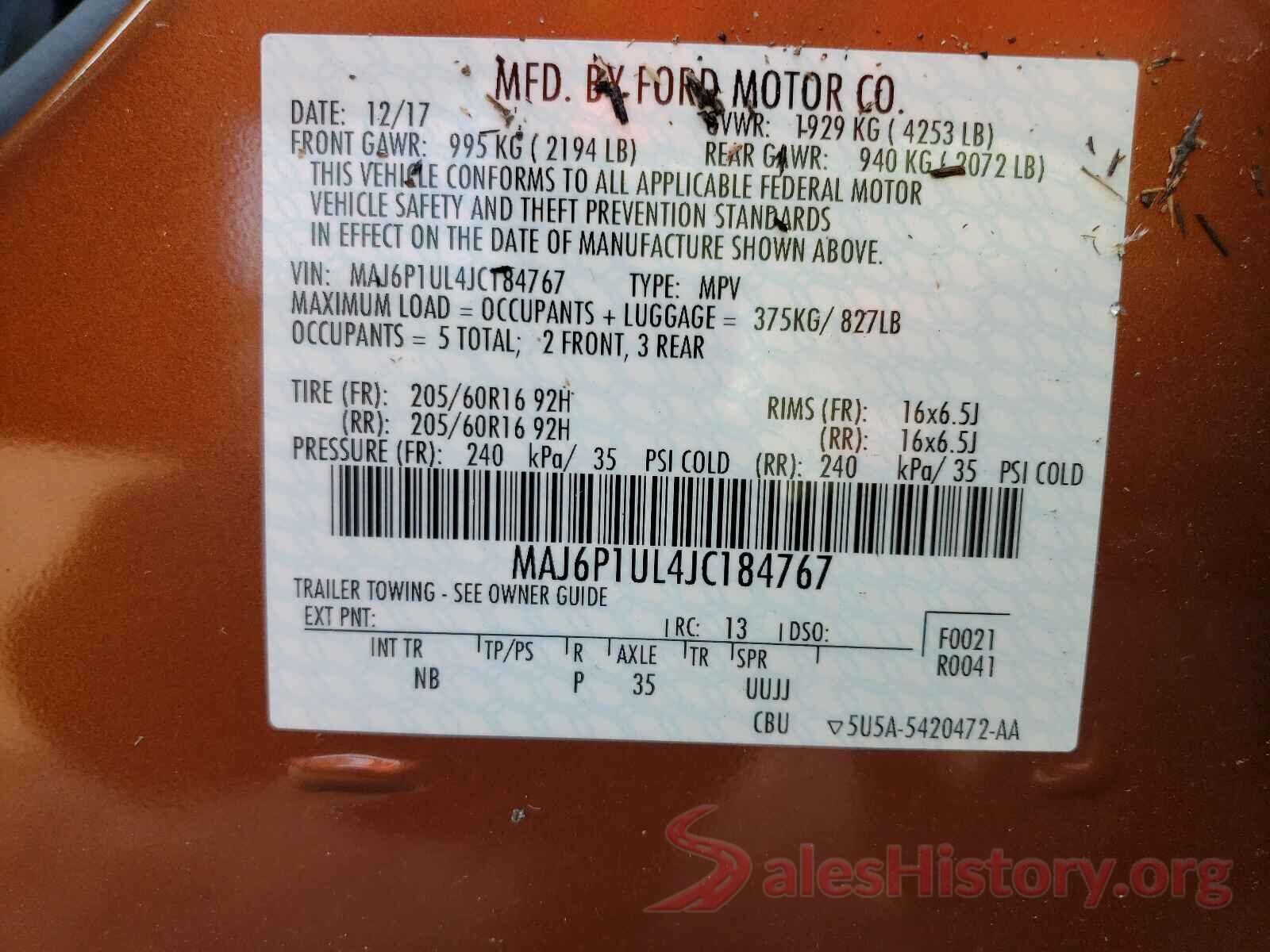 MAJ6P1UL4JC184767 2018 FORD ALL OTHER