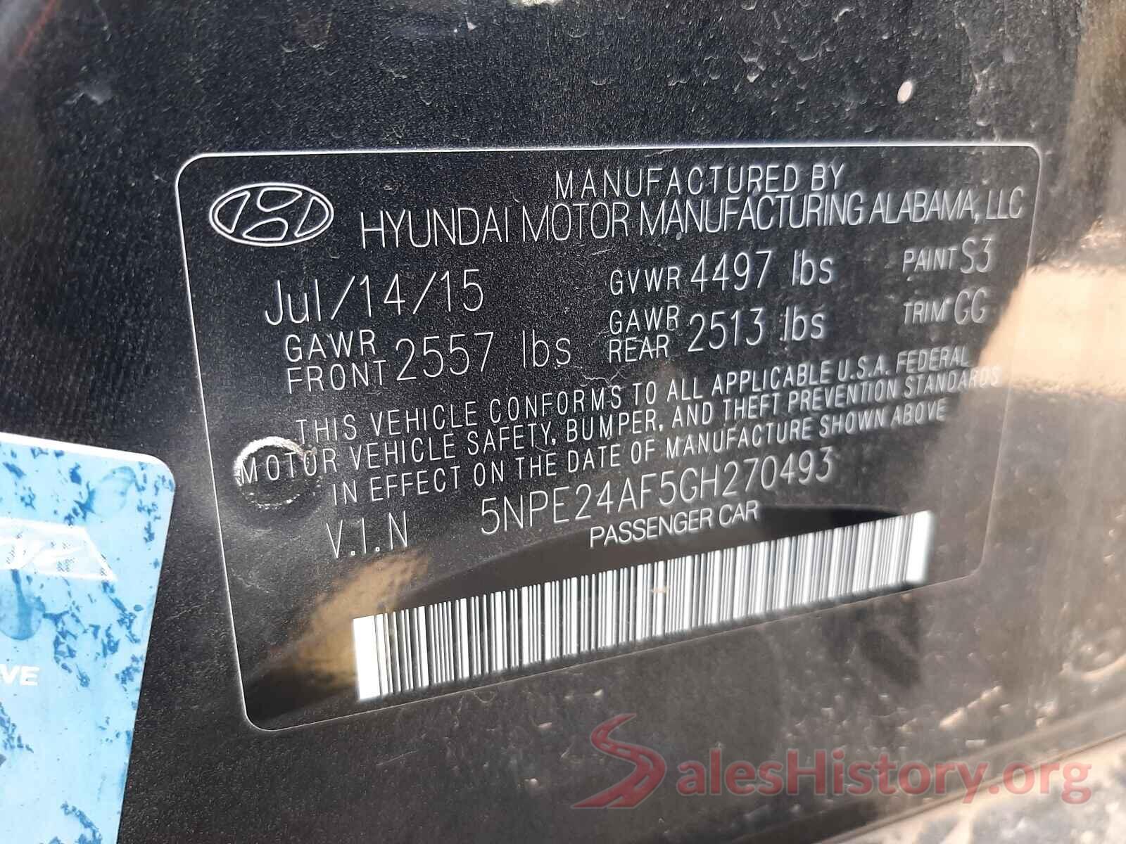 5NPE24AF5GH270493 2016 HYUNDAI SONATA