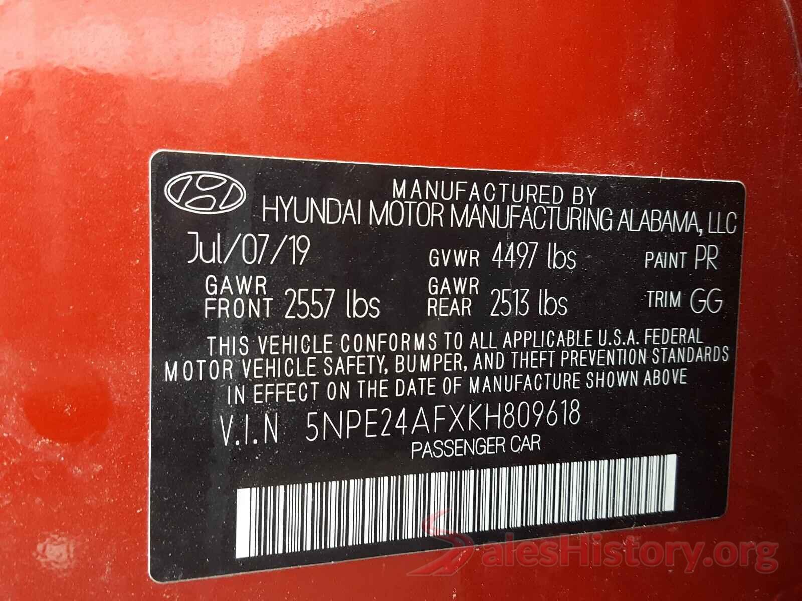 5NPE24AFXKH809618 2019 HYUNDAI SONATA