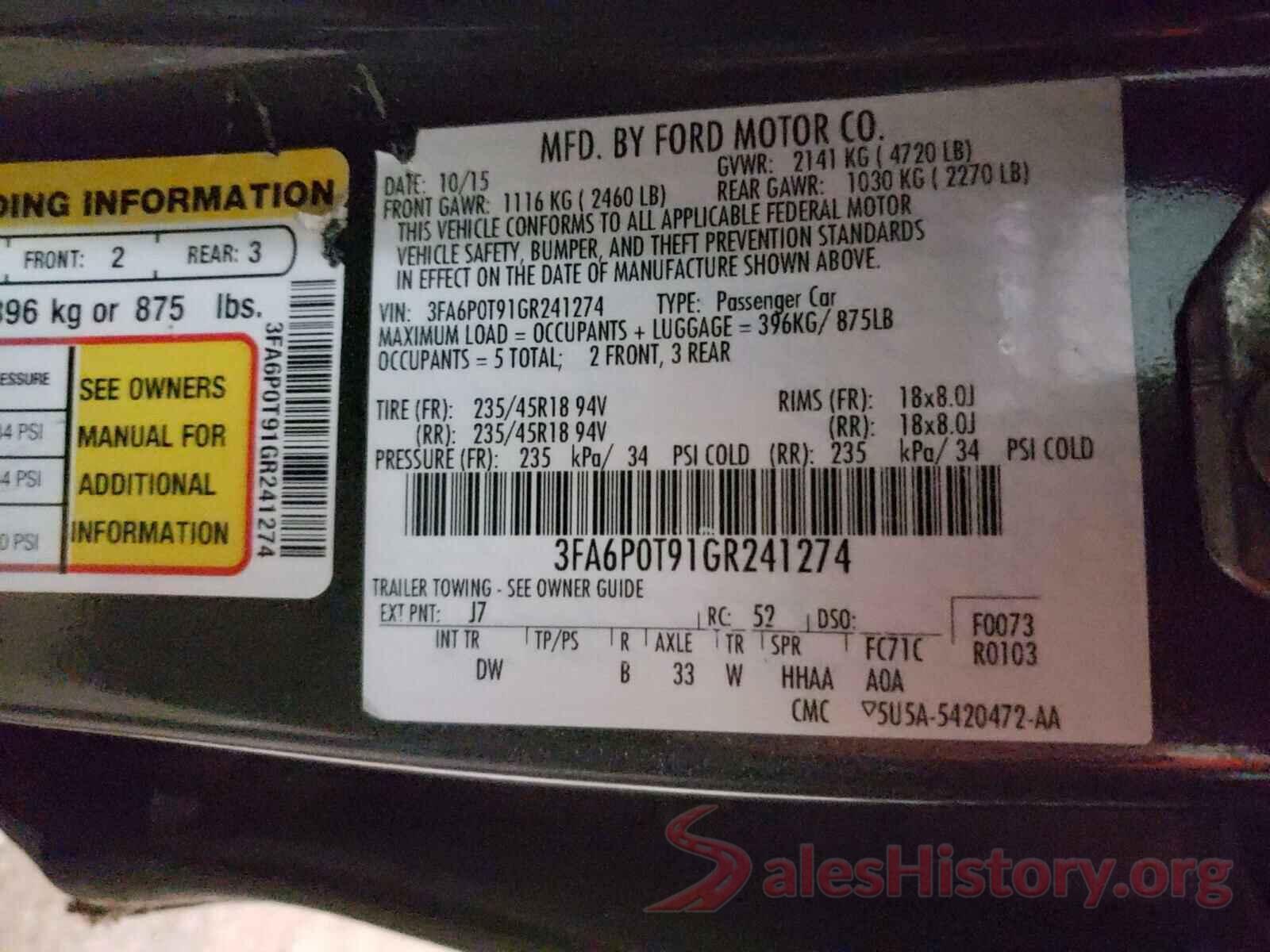 3FA6P0T91GR241274 2016 FORD FUSION