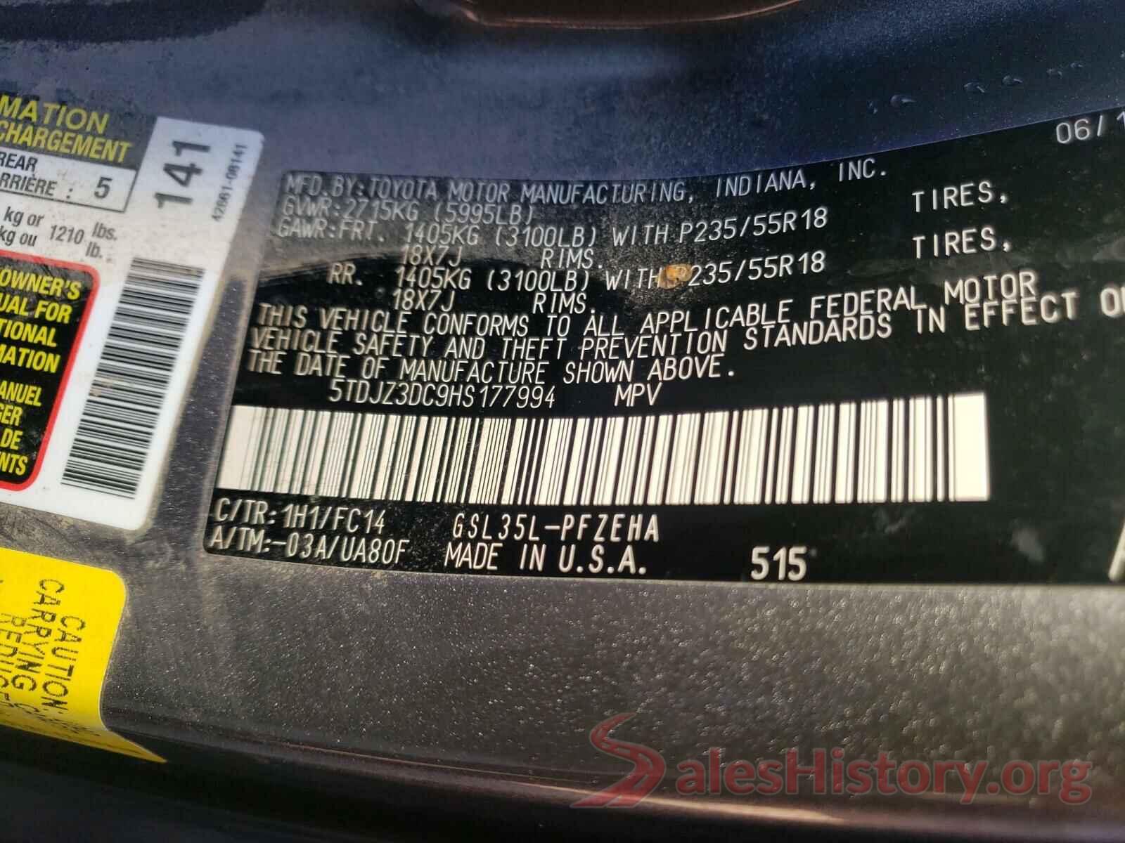 5TDJZ3DC9HS177994 2017 TOYOTA SIENNA