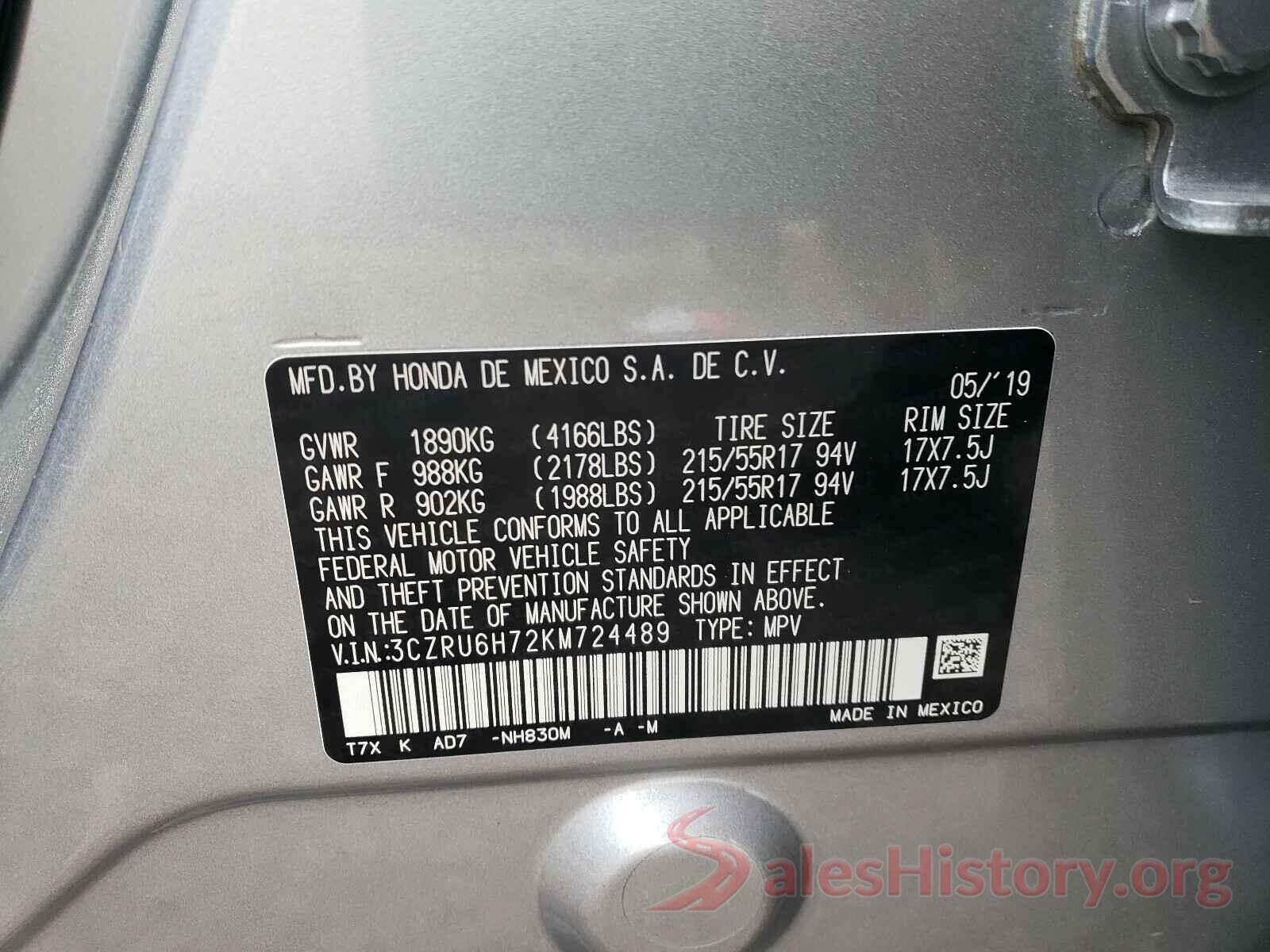 3CZRU6H72KM724489 2019 HONDA HR-V