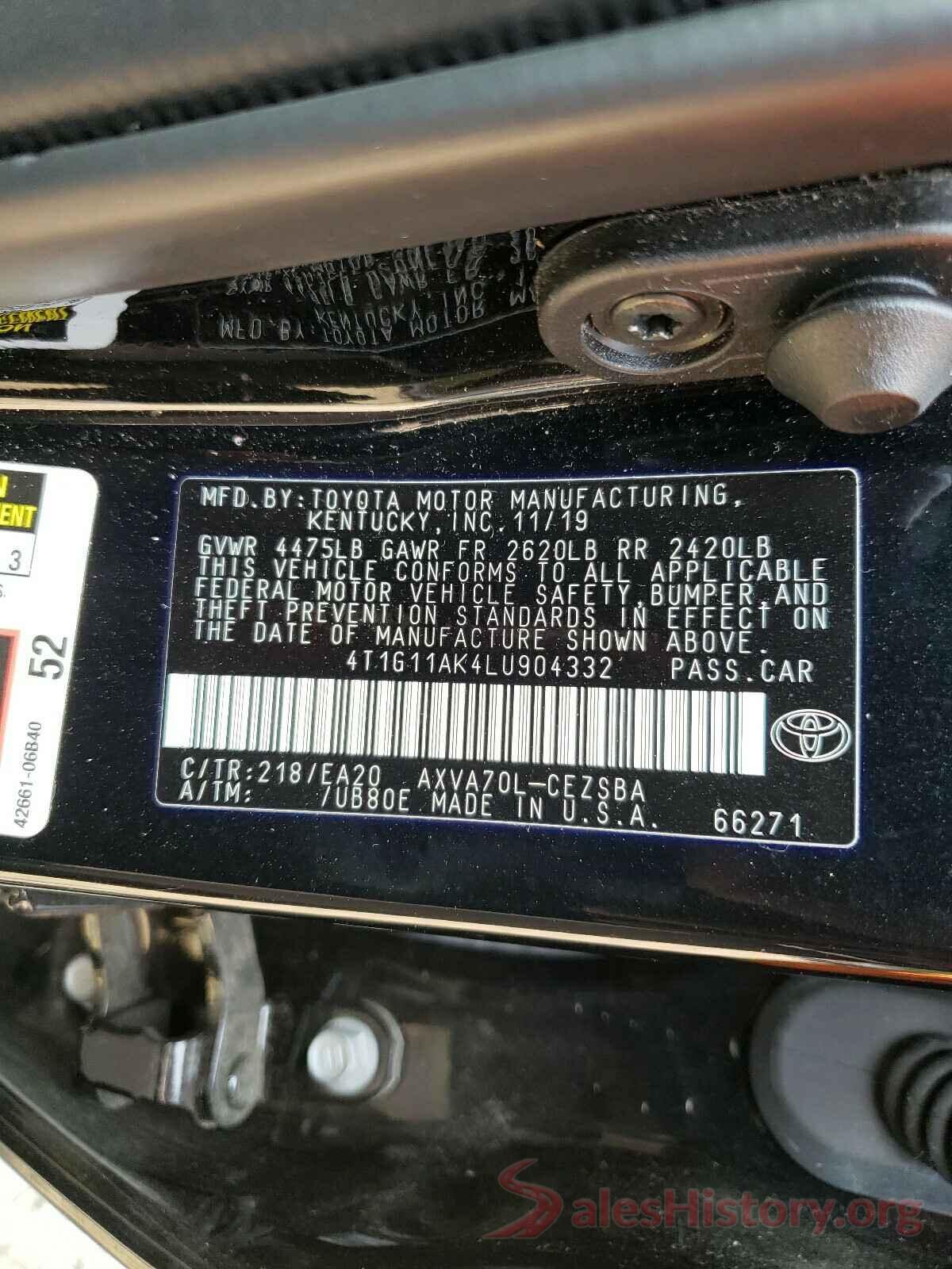 4T1G11AK4LU904332 2020 TOYOTA CAMRY