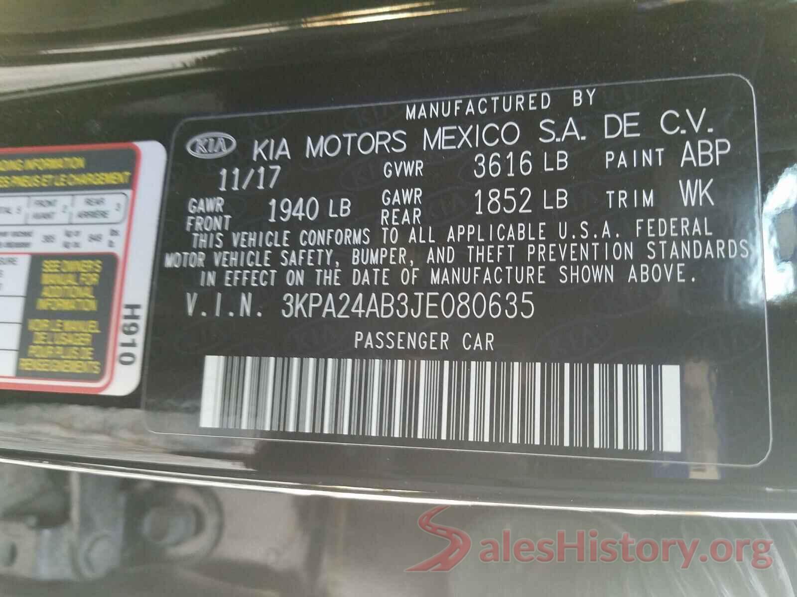 3KPA24AB3JE080635 2018 KIA RIO