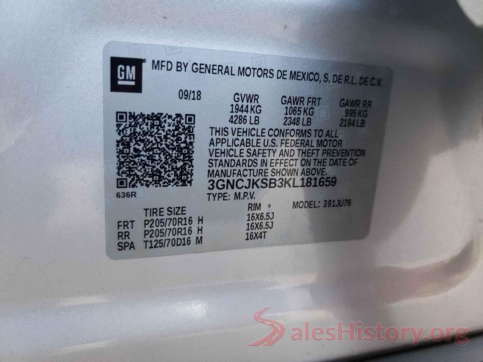 3GNCJKSB3KL181659 2019 CHEVROLET TRAX