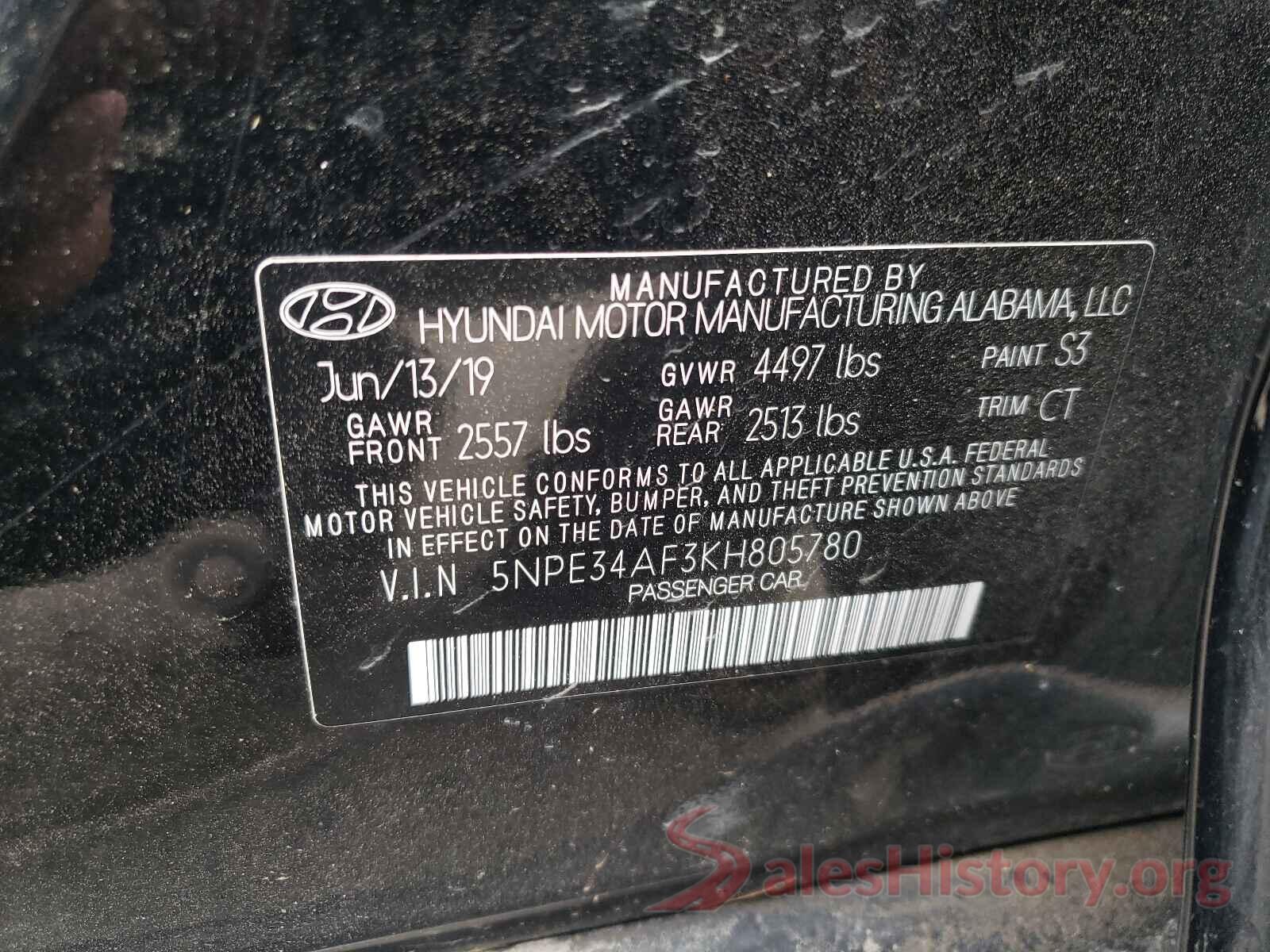 5NPE34AF3KH805780 2019 HYUNDAI SONATA