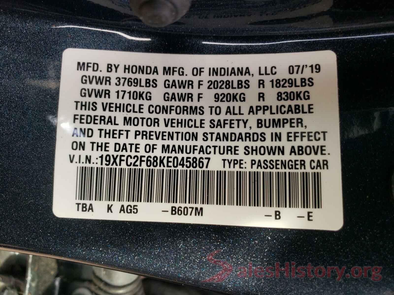 19XFC2F68KE045867 2019 HONDA CIVIC