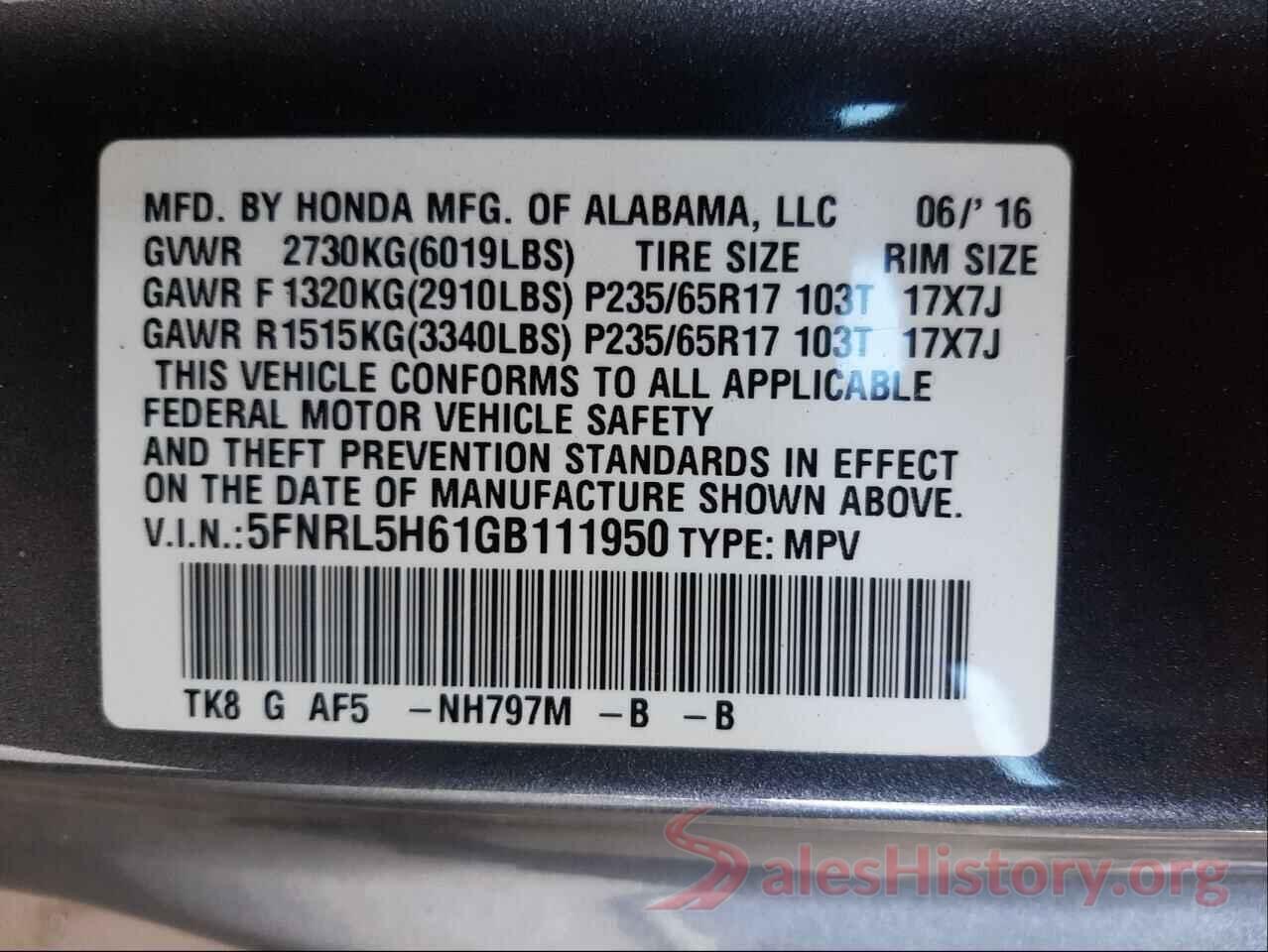 5FNRL5H61GB111950 2016 HONDA ODYSSEY