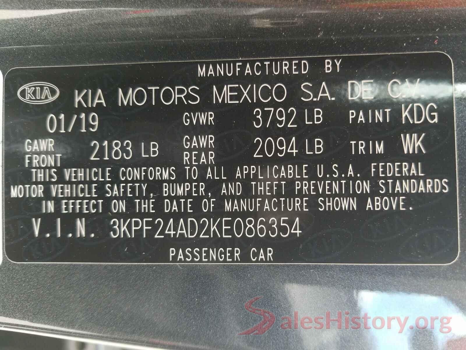 3KPF24AD2KE086354 2019 KIA FORTE