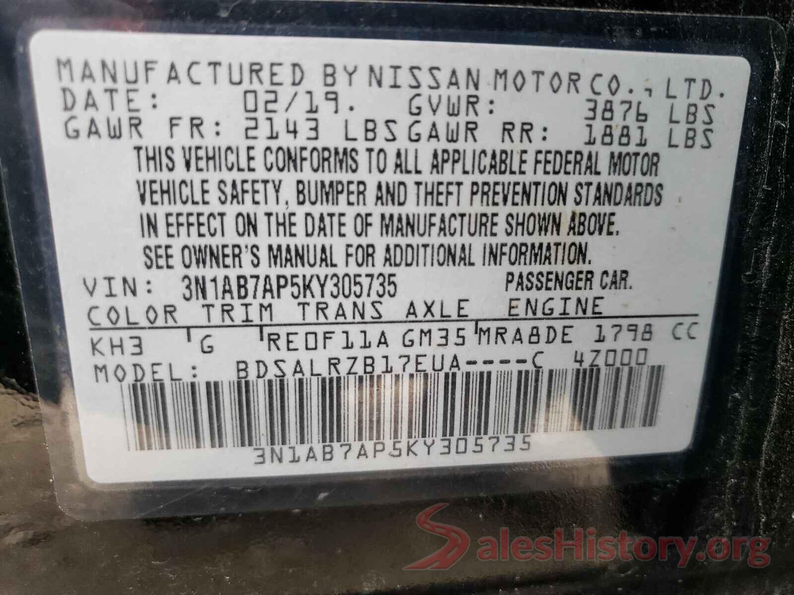 3N1AB7AP5KY305735 2019 NISSAN SENTRA