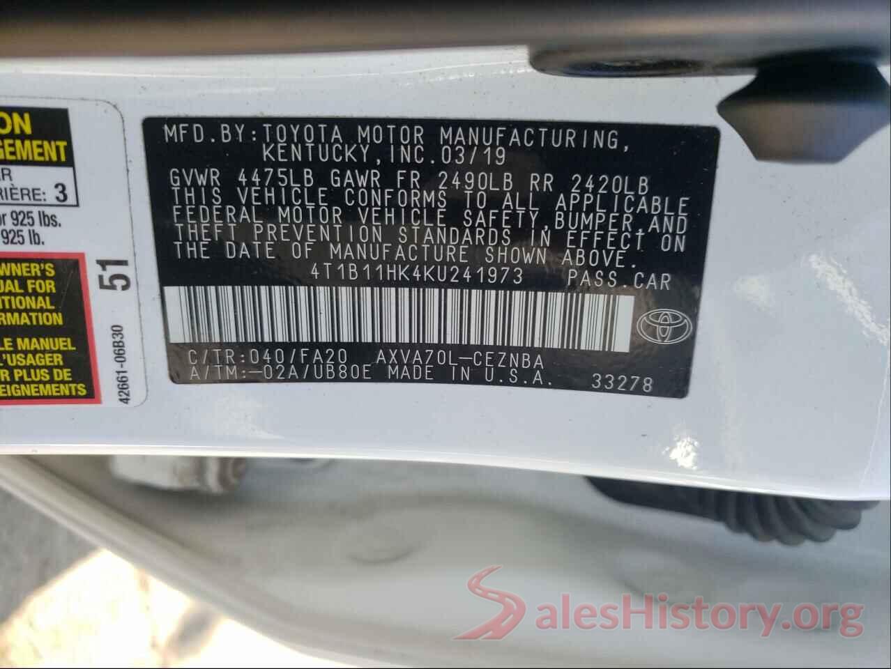 4T1B11HK4KU241973 2019 TOYOTA CAMRY