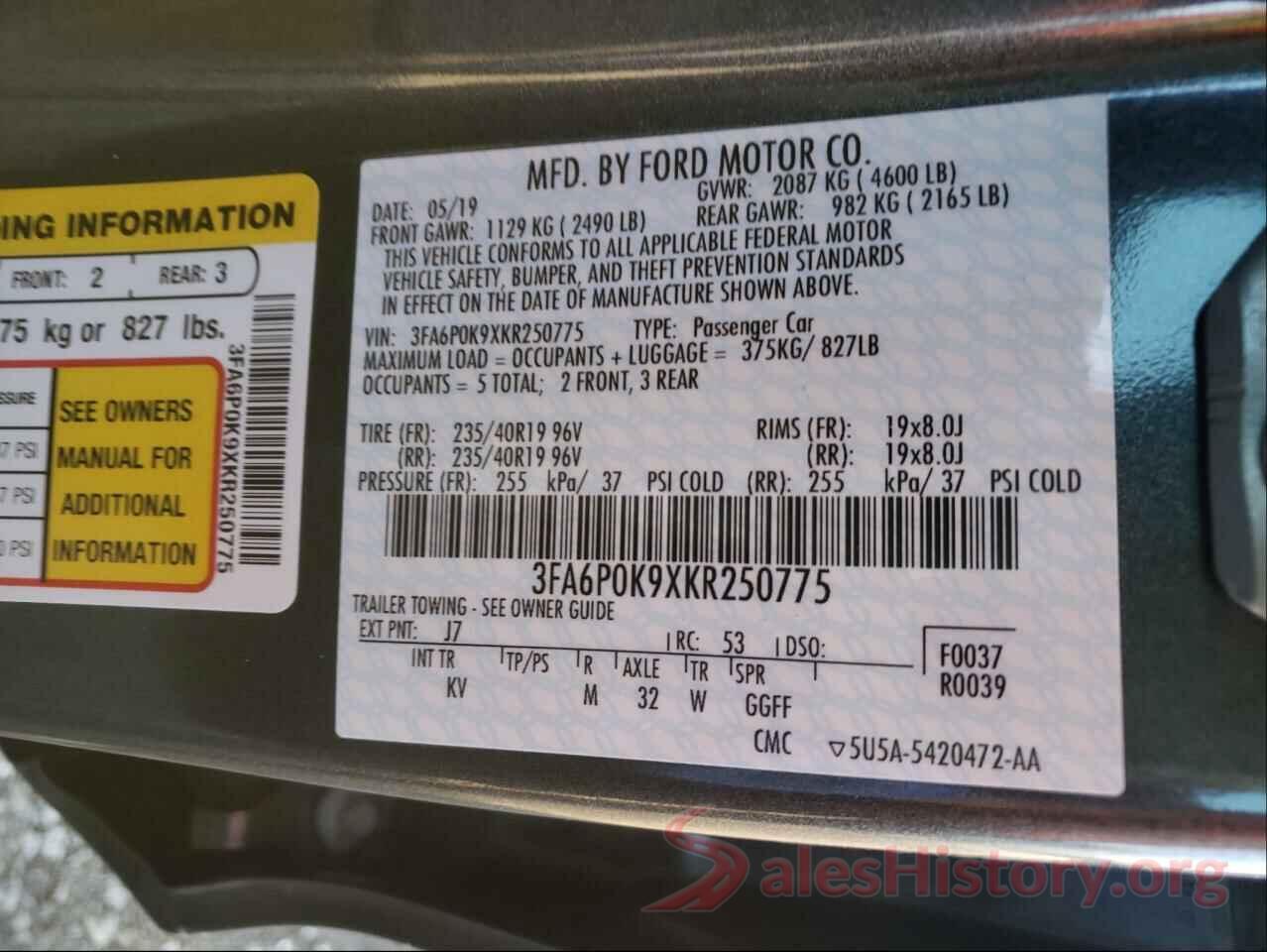 3FA6P0K9XKR250775 2019 FORD FUSION