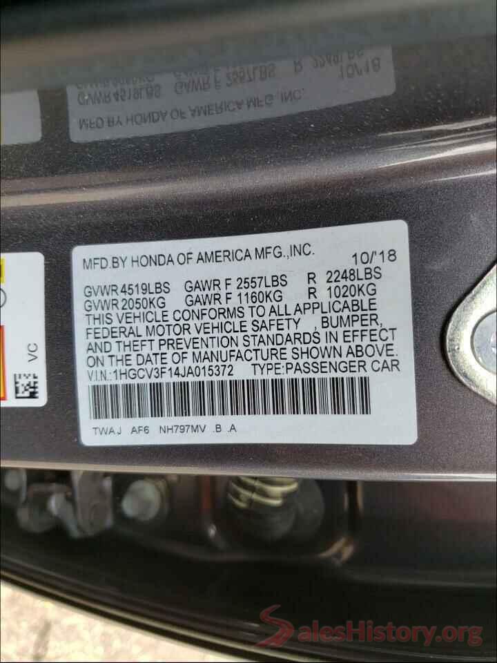 1HGCV3F14JA015372 2018 HONDA ACCORD