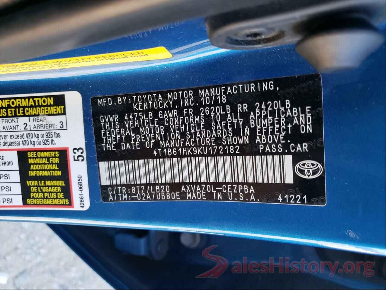 4T1B61HK9KU172182 2019 TOYOTA CAMRY