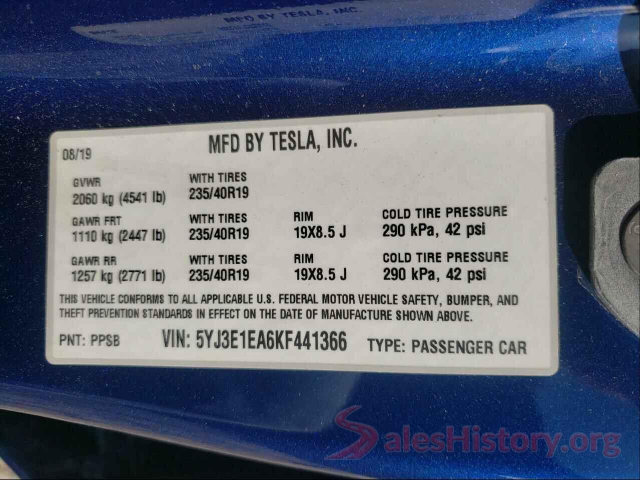 5YJ3E1EA6KF441366 2019 TESLA MODEL 3